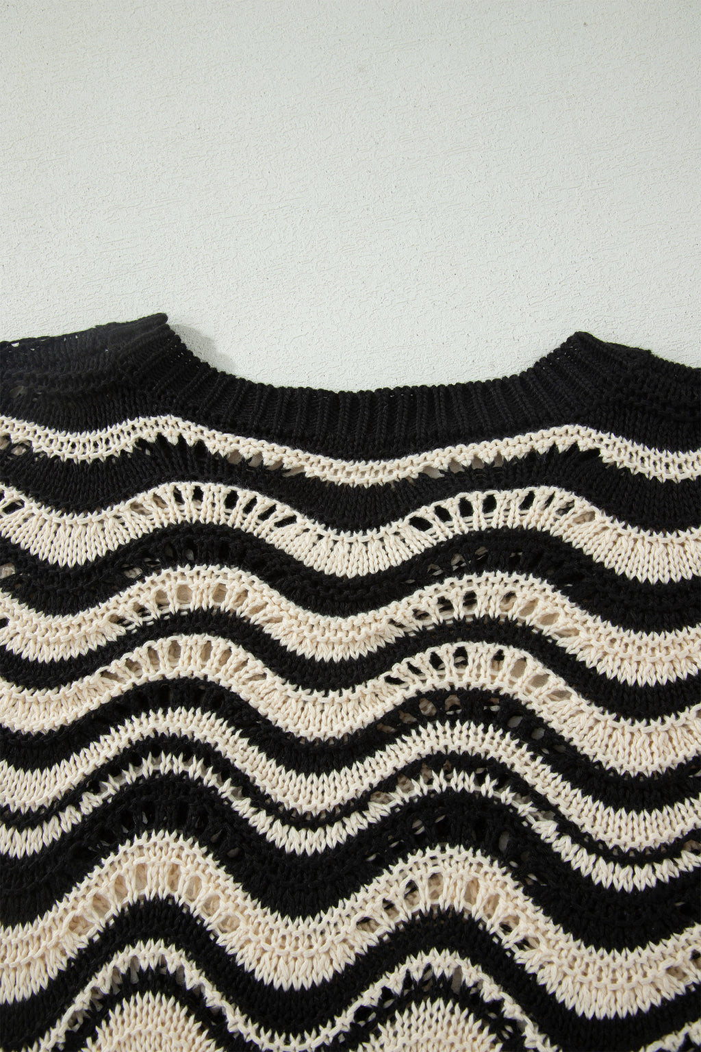 Black Stripe Wavy Crochet Eyelet Detail Ruffle Half Sleeve Sweater