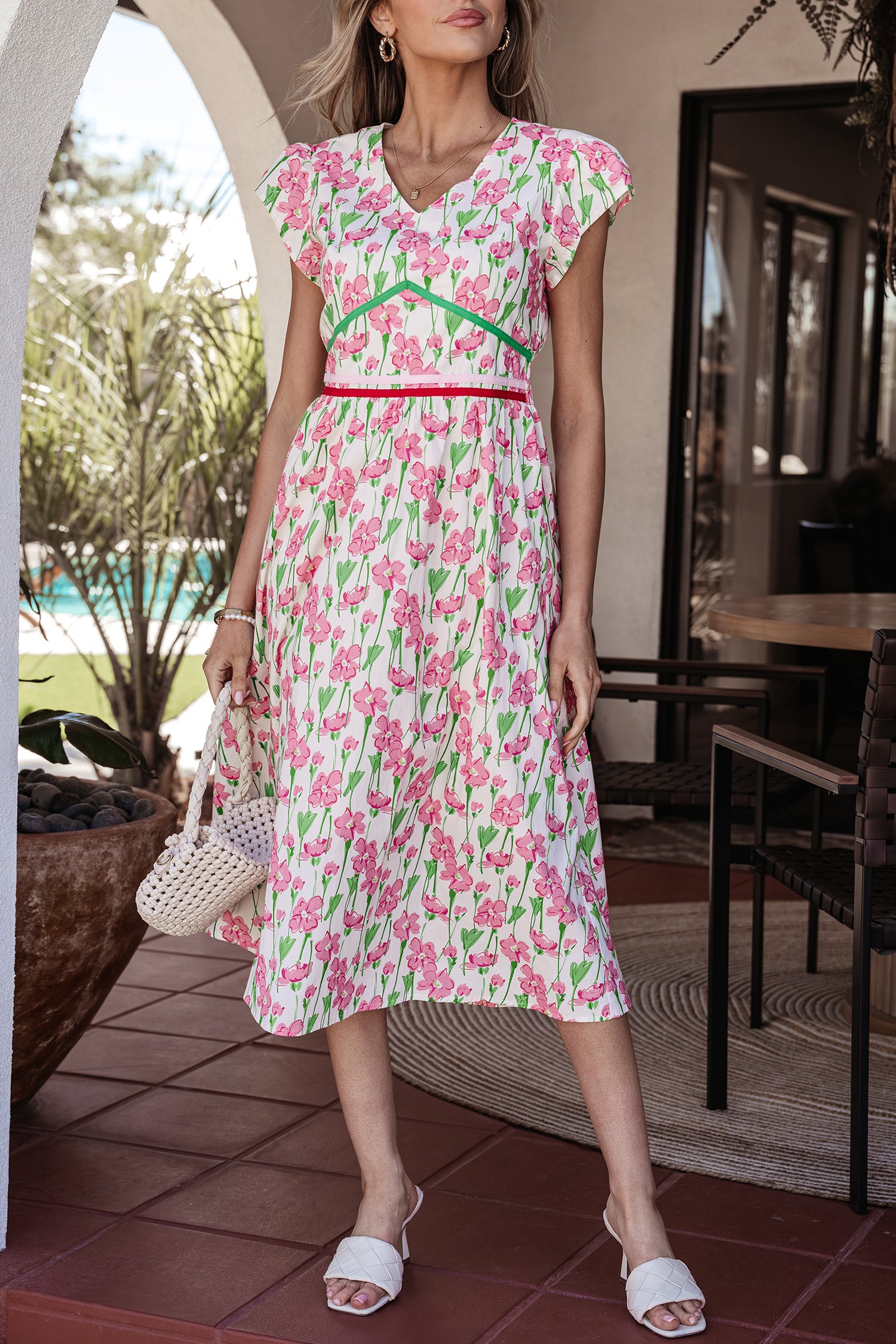 Pink Floral Print V Neck Short Sleeve Elegant Dress