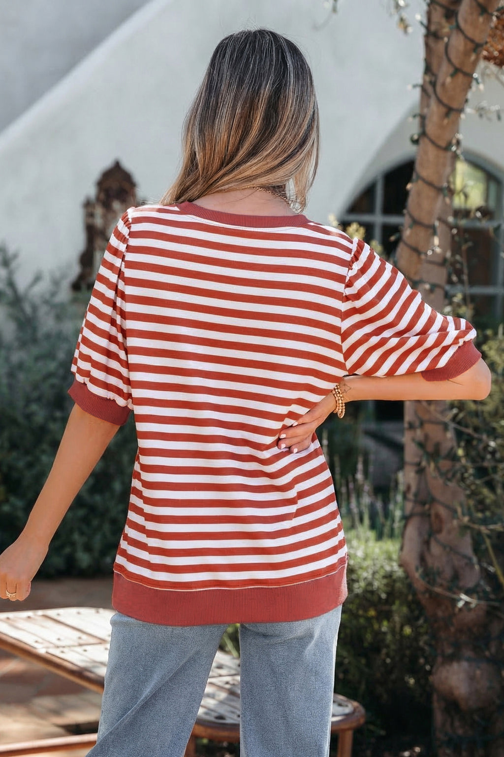 Khaki Stripe Short Bubble Sleeve T Shirt