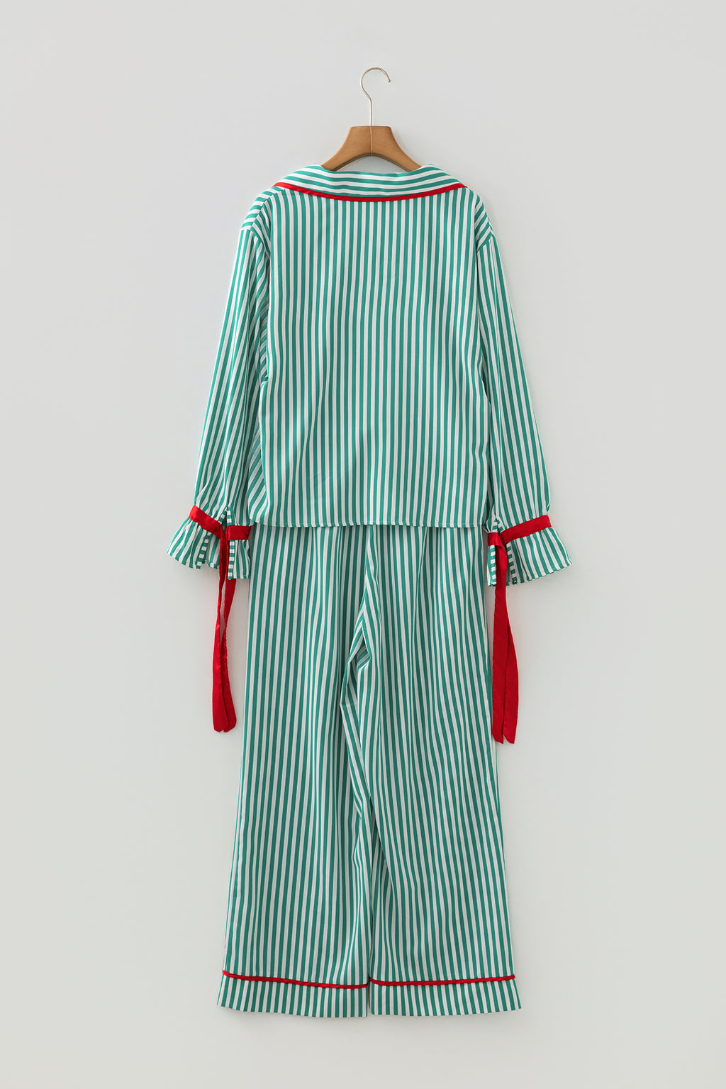 Green Stripe Contrast Velvet Trim Bow Knot Waist 2pcs Pajama Set