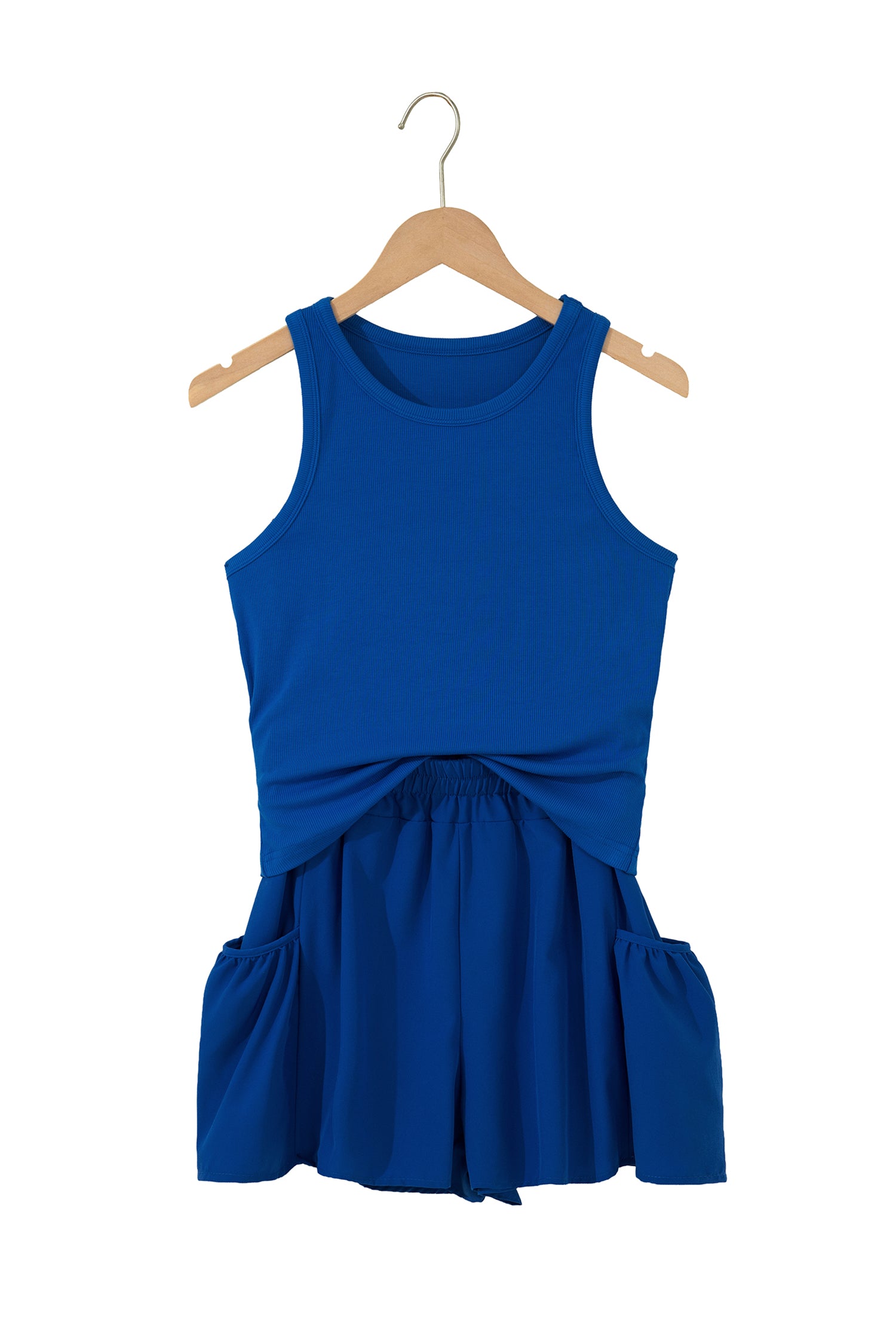 Dark Blue Ribbed Slim Tank Pocketed Wide Leg Shorts Set