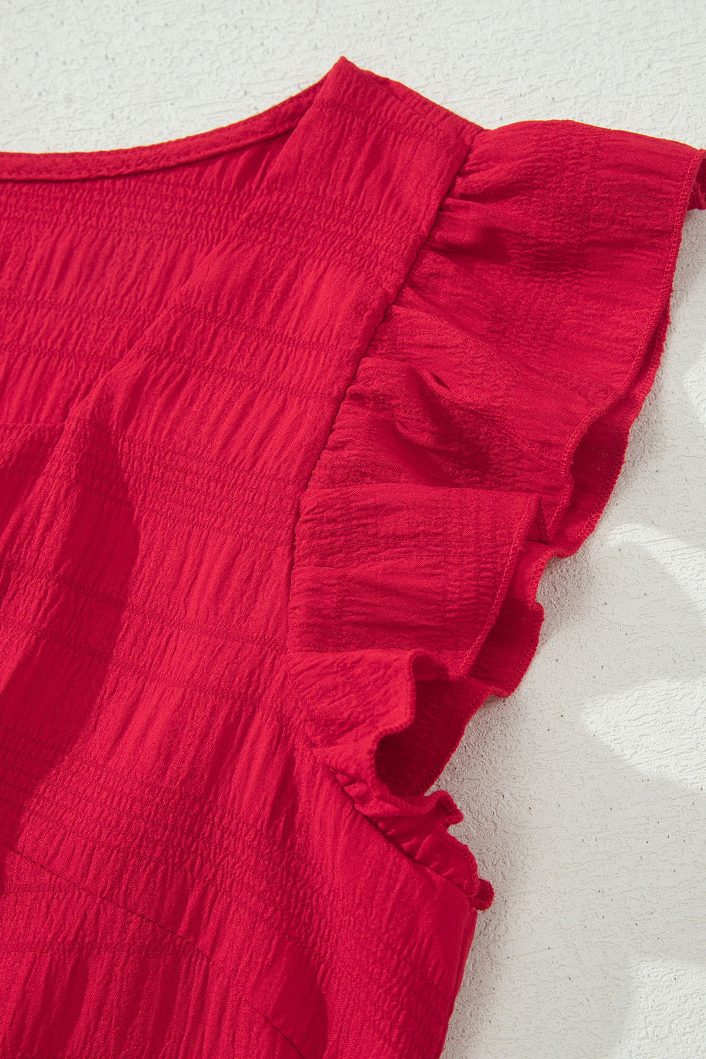 Fiery Red Textured Square Neck Top and Shirred High Waist Shorts Set