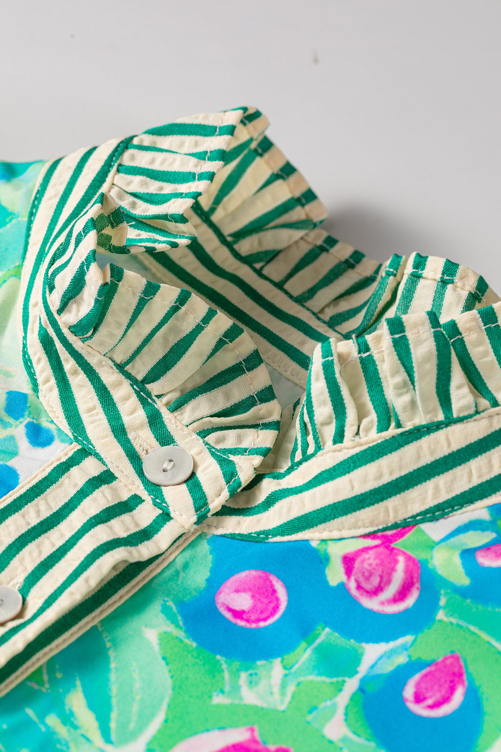 Green Stripe Floral Print Striped Trim Button Down Short Sleeve Vacation Dress
