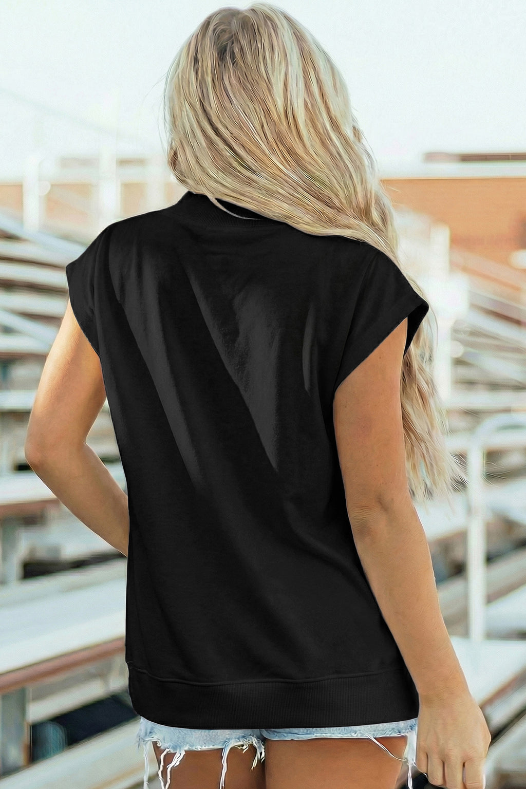 Orange Solid Color High Neck Cap Sleeve Loose Top