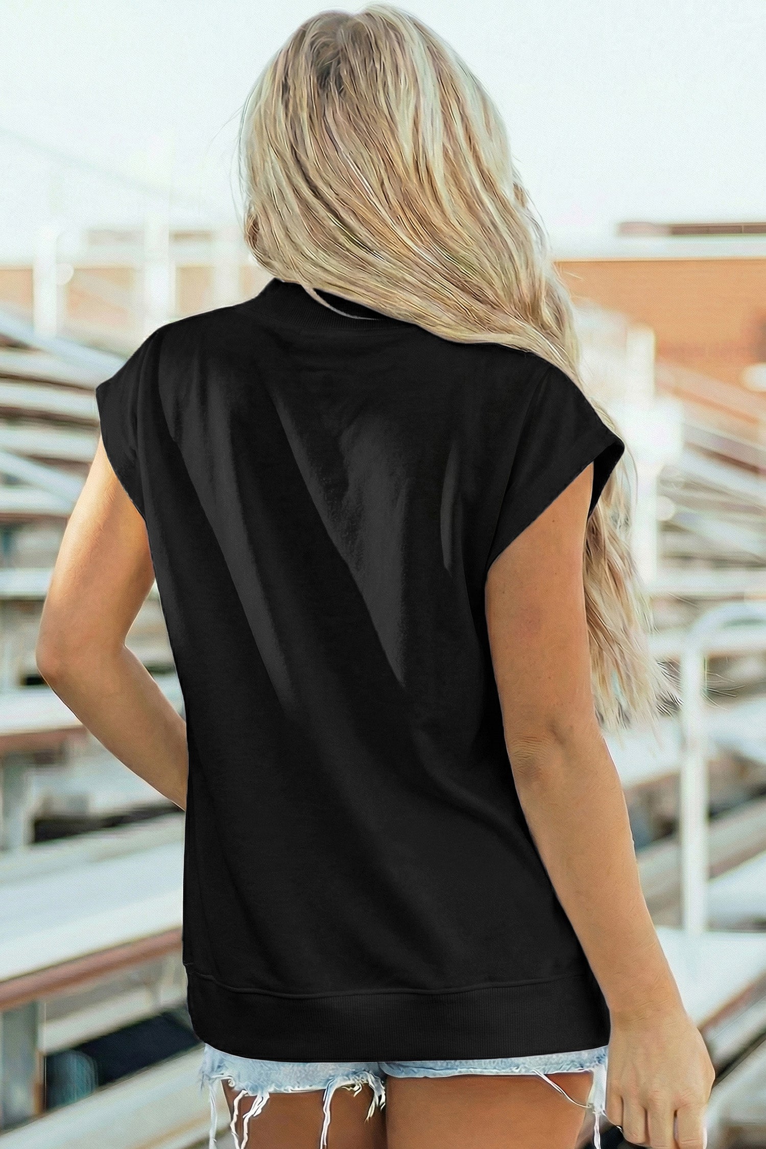 Orange Solid Color High Neck Cap Sleeve Loose Top