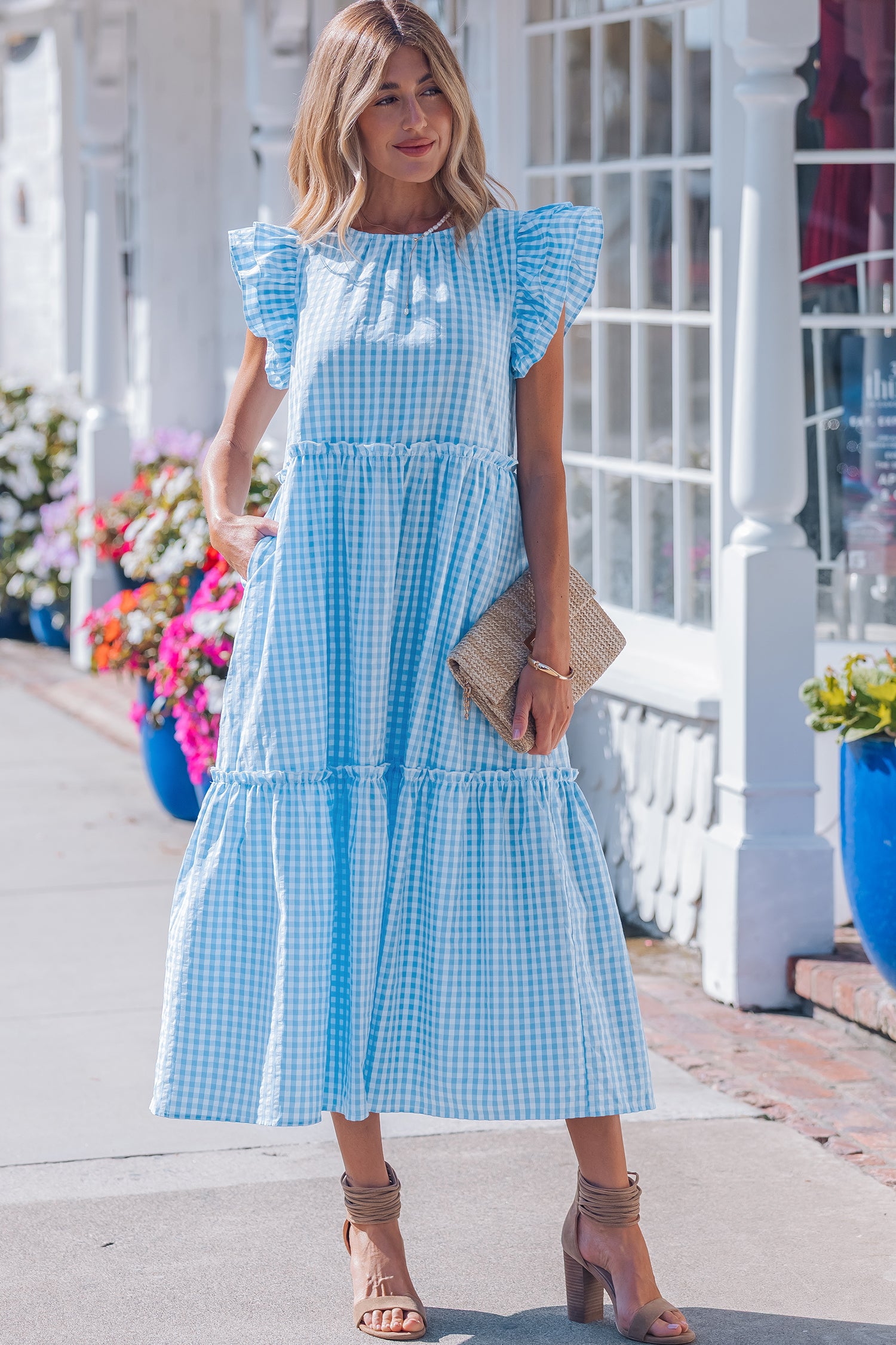 Blue Knot Back Ruffled Short Sleeve Gingham Maxi Dress