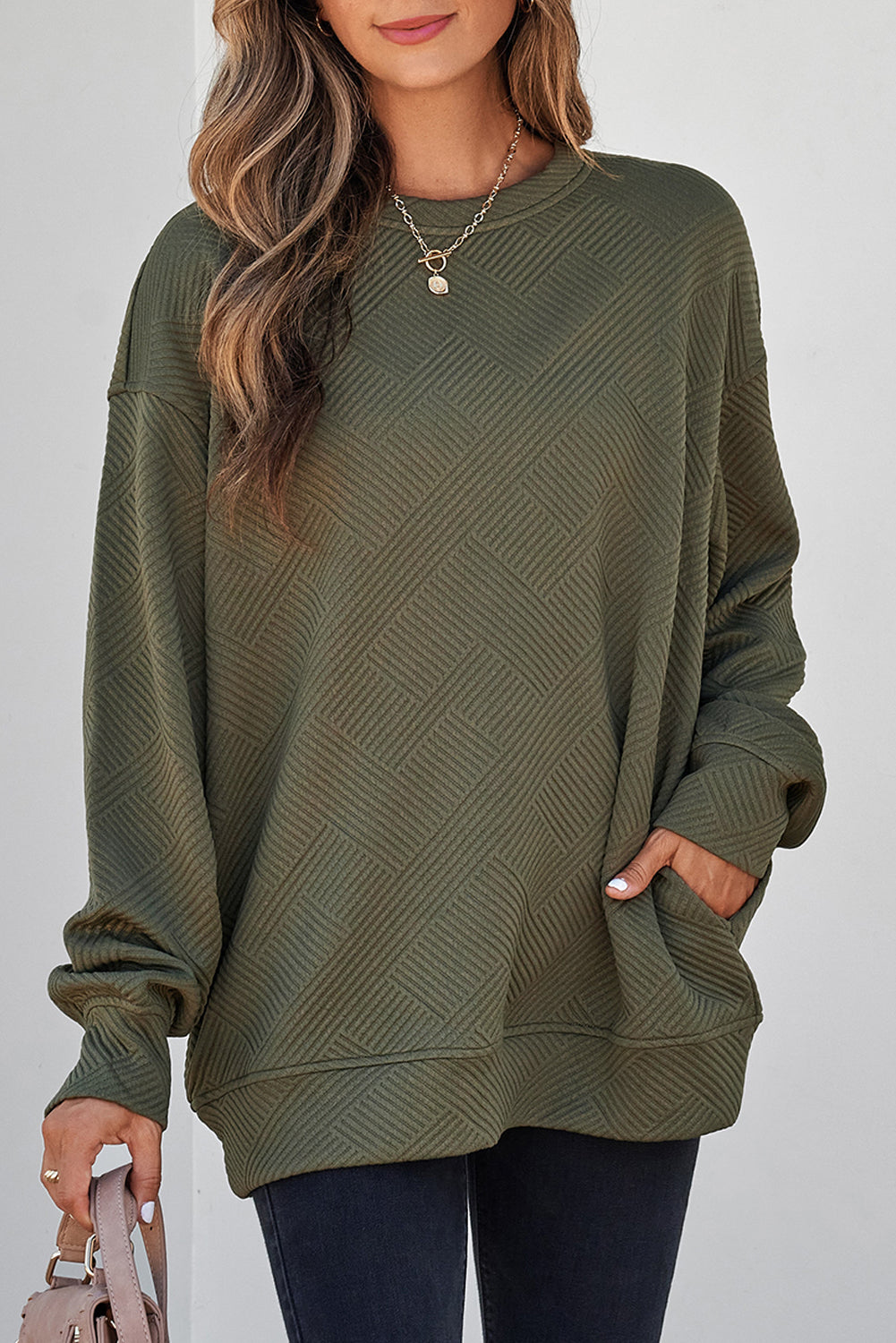 White Solid Color Textured Round Neck Drop Shoulder Pullover Sweatshirt