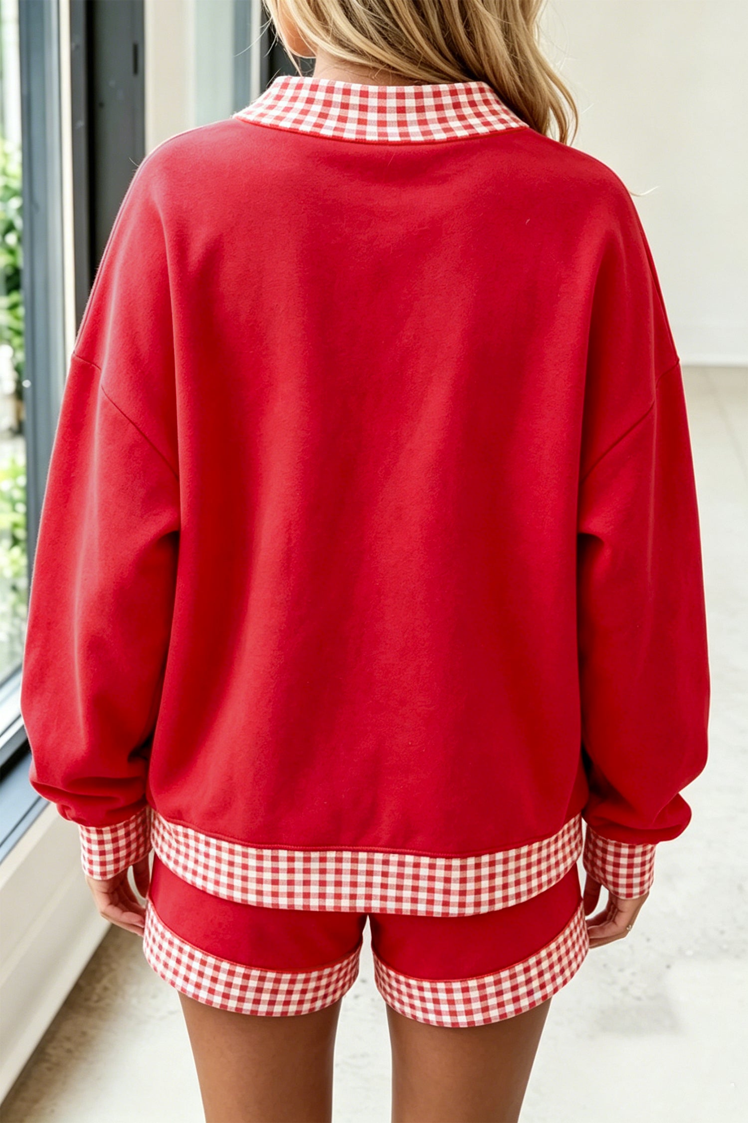Navy Blue Polka Dot Trim Baggy Pullover 2pcs Short Set
