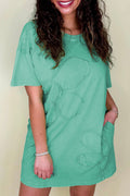 Mint Green Mineral Wash Flower Patchwork Mini T Shirt Dress