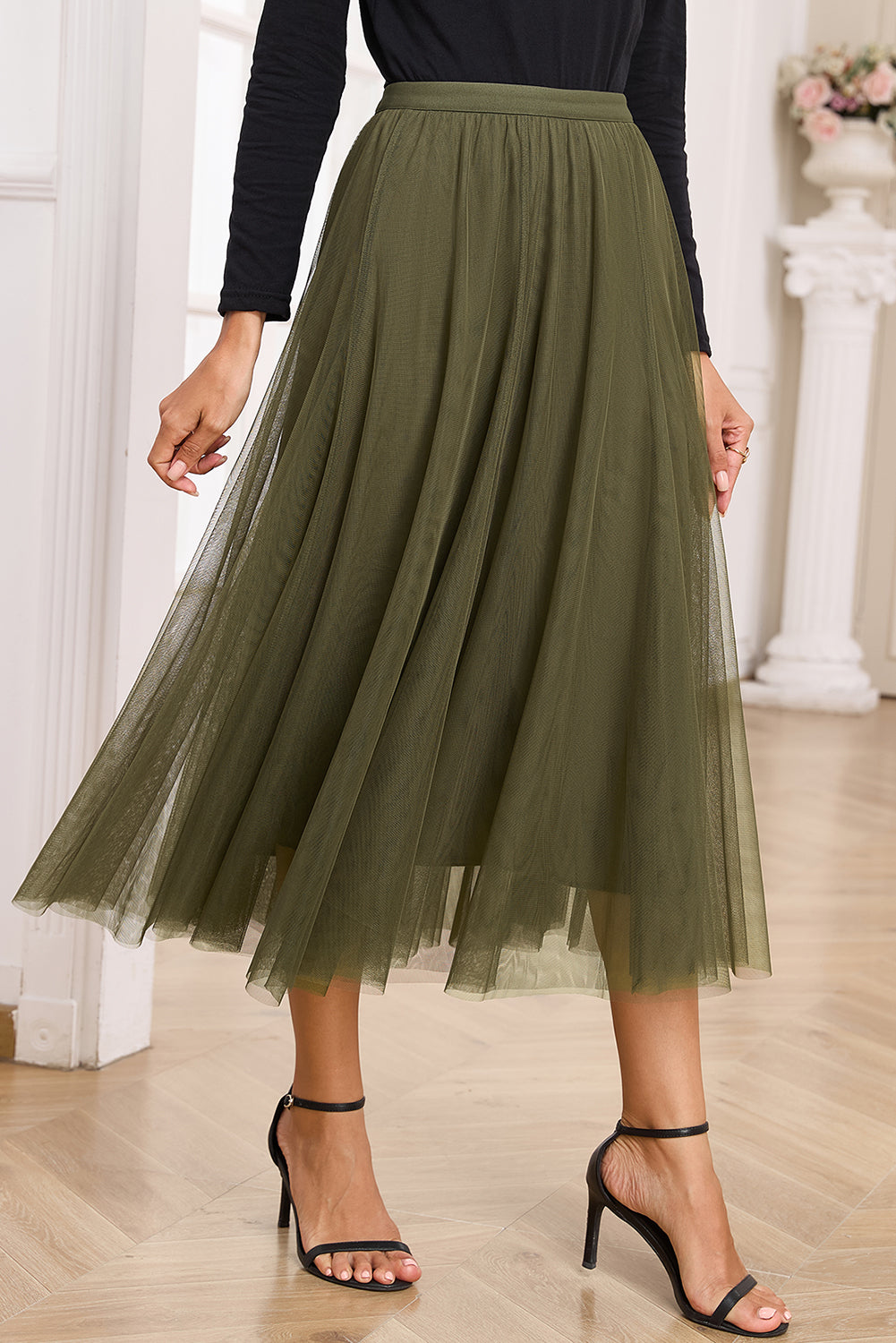 Apricot Tulle Mesh Overlay Flared Midi Skirt