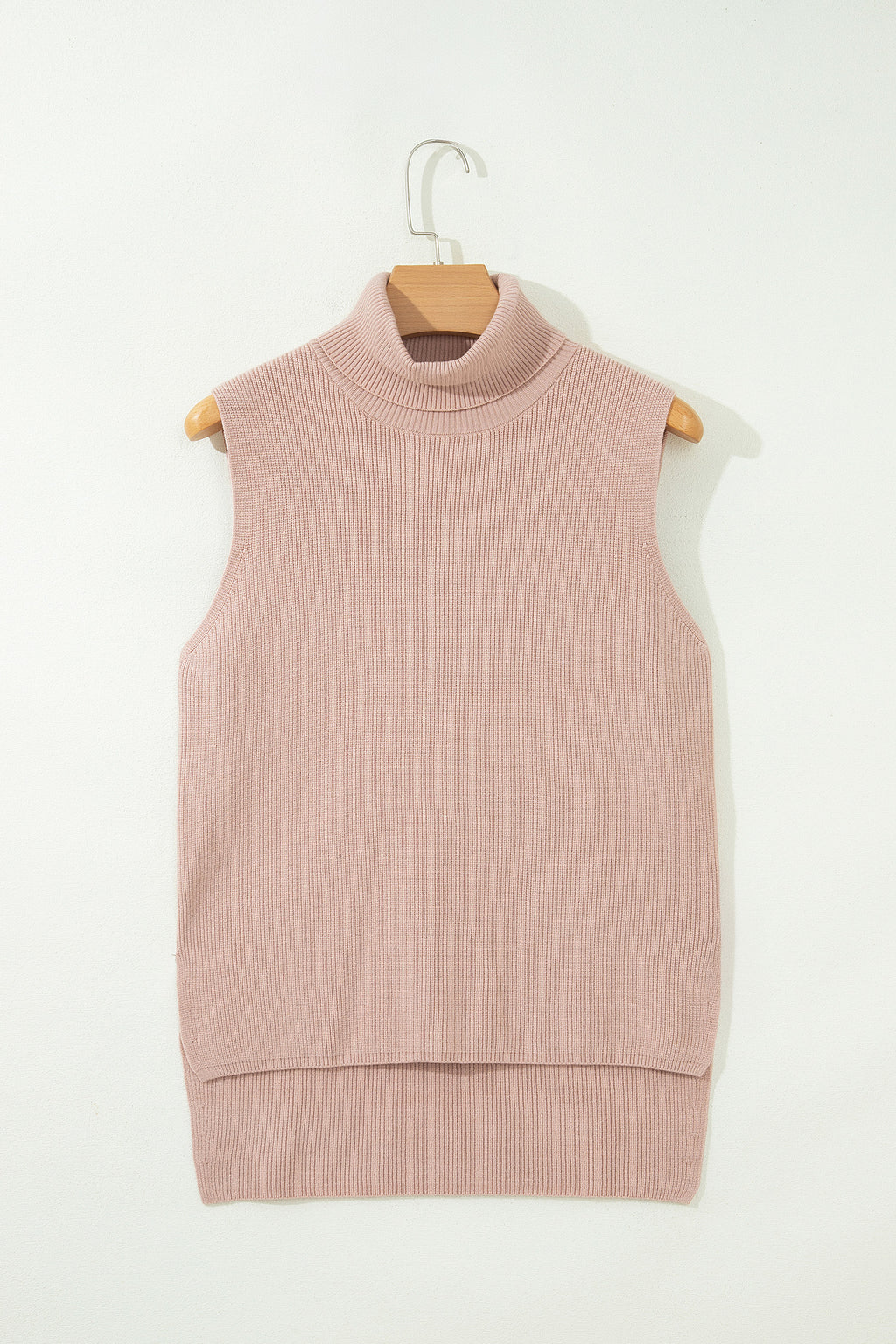 Light French Beige Sleeveless High Neck Knit Split Hem Shift Silhouette Wool Sweater Vest