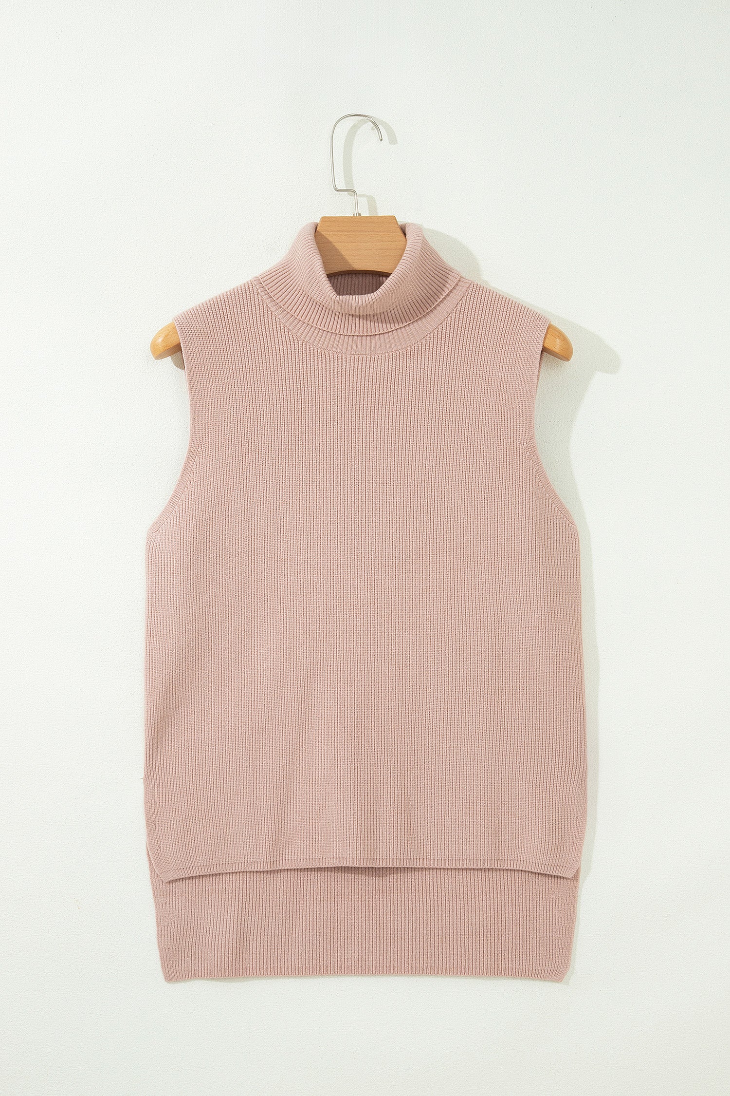 Light French Beige Sleeveless High Neck Knit Split Hem Shift Silhouette Wool Sweater Vest