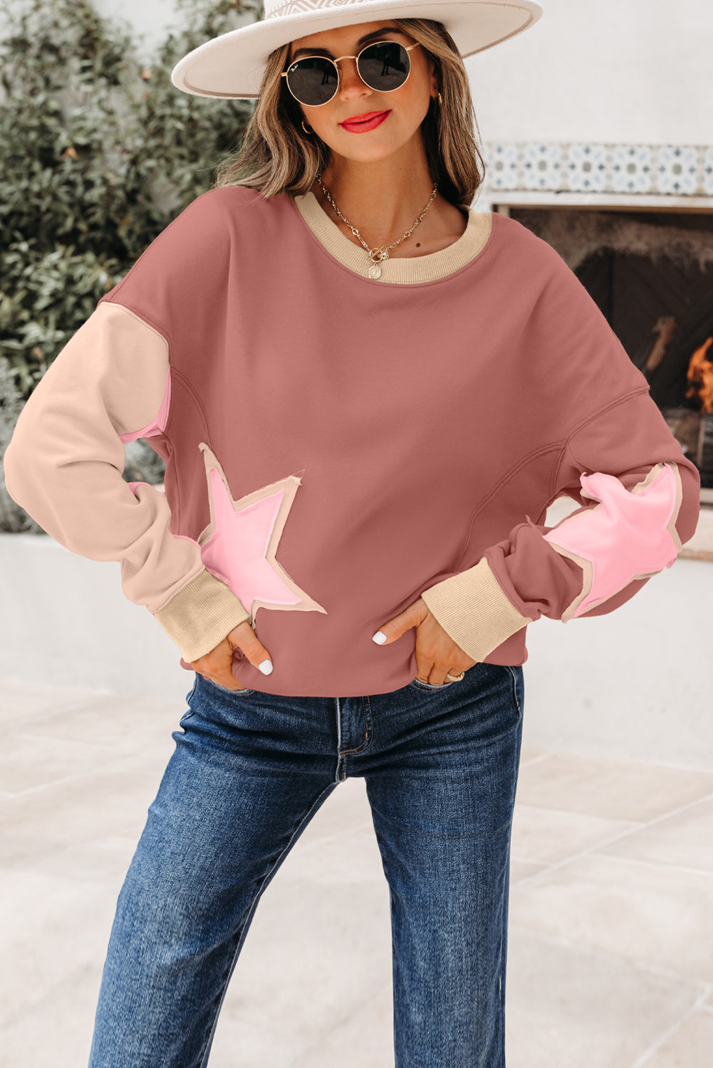 Sage Green Contrast Star Patchwork Exposed Seam Uneven Hem Drop Shoulder Sweatshirt
