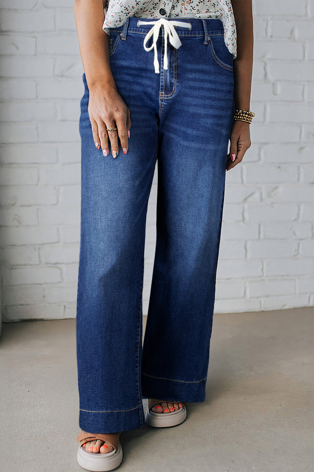Dark Blue Acid Wash Contrast Lace-up Plus Size Jeans