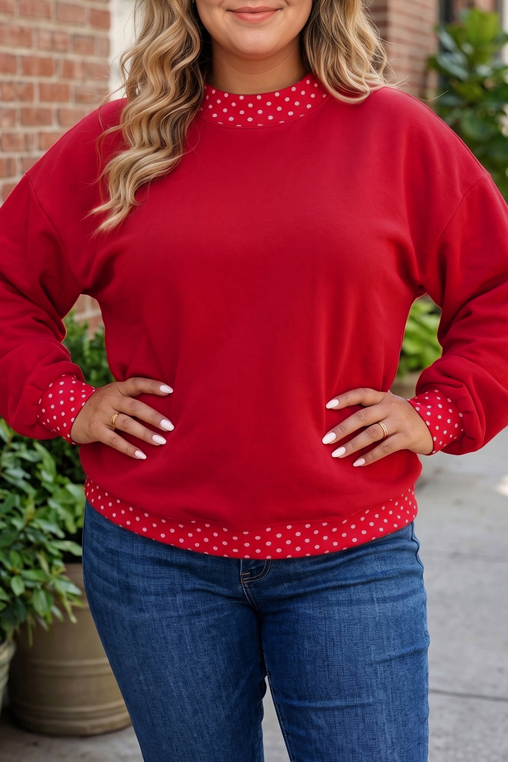 Dark Green Polka Dot Patchwork Round Neck Plus Size Sweatshirt