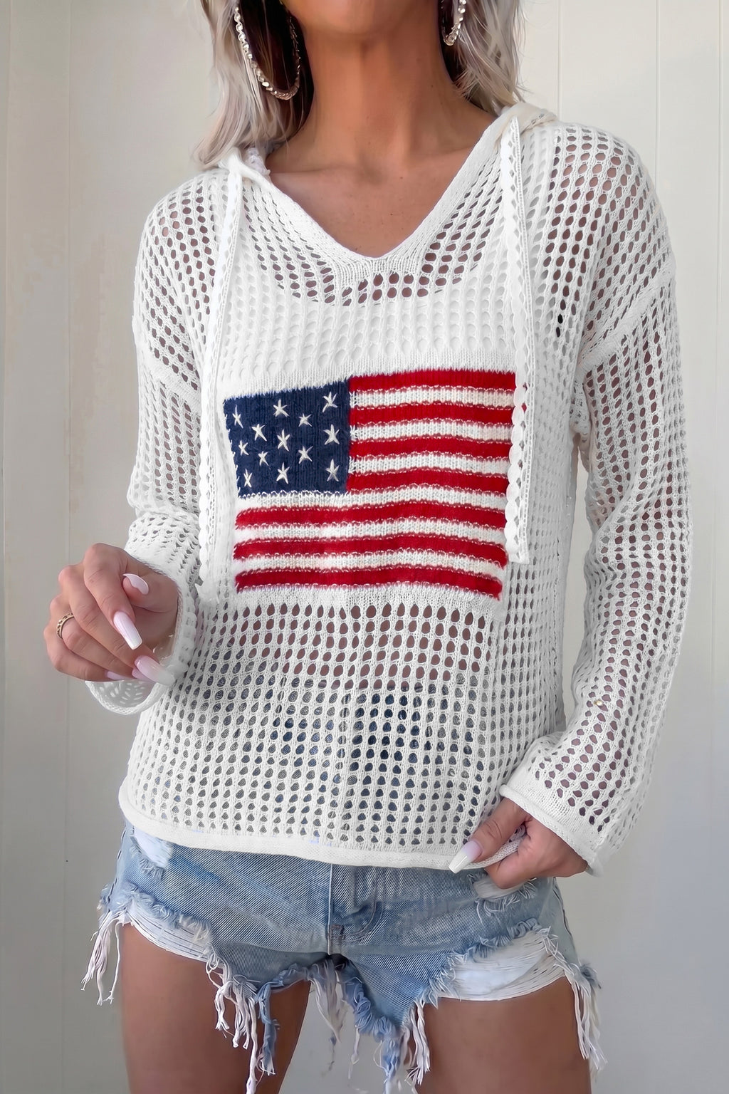 Beau Blue Hollow Out Crochet Knit American Flag Patched Sweater Hoodie