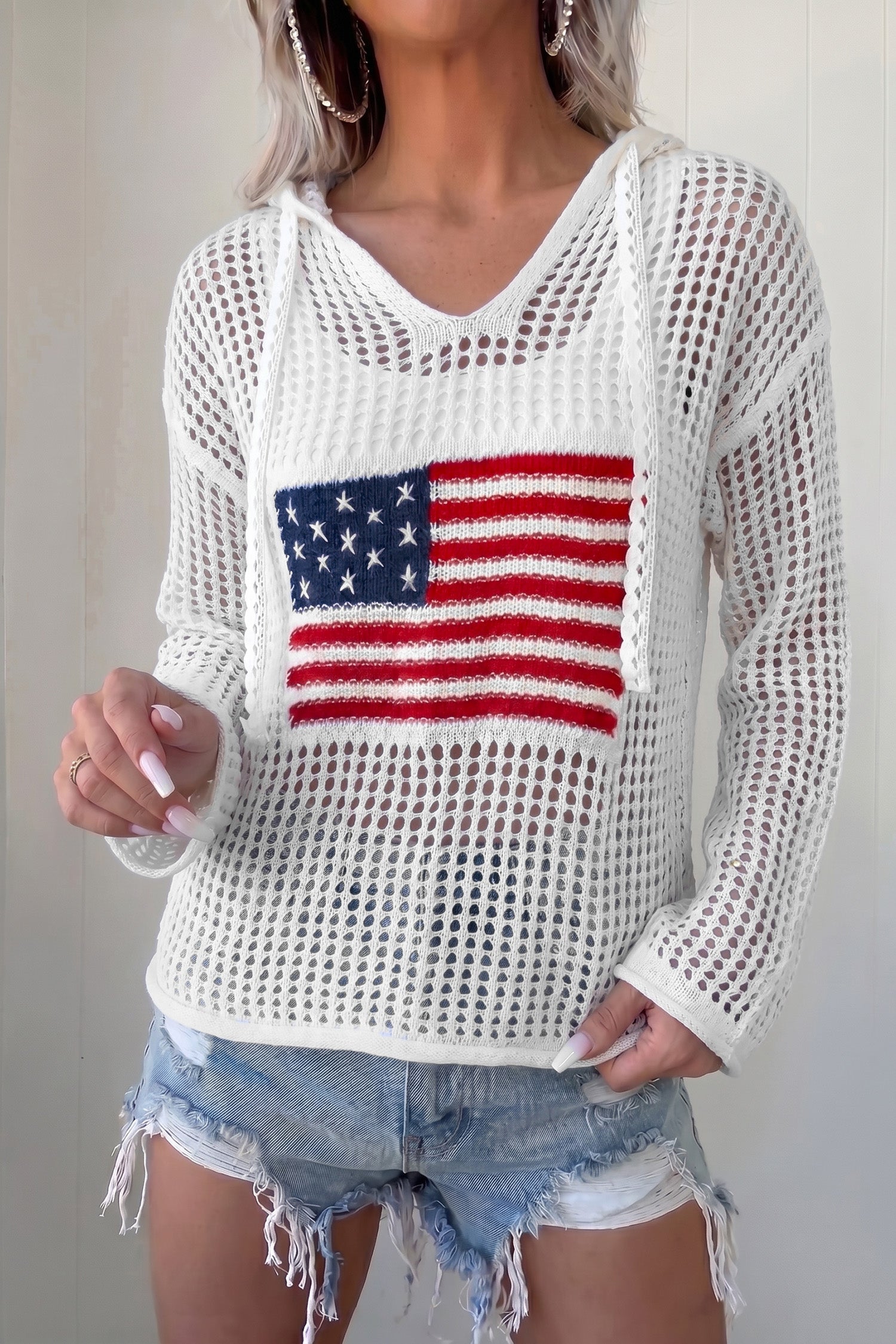 Beau Blue Hollow Out Crochet Knit American Flag Patched Sweater Hoodie