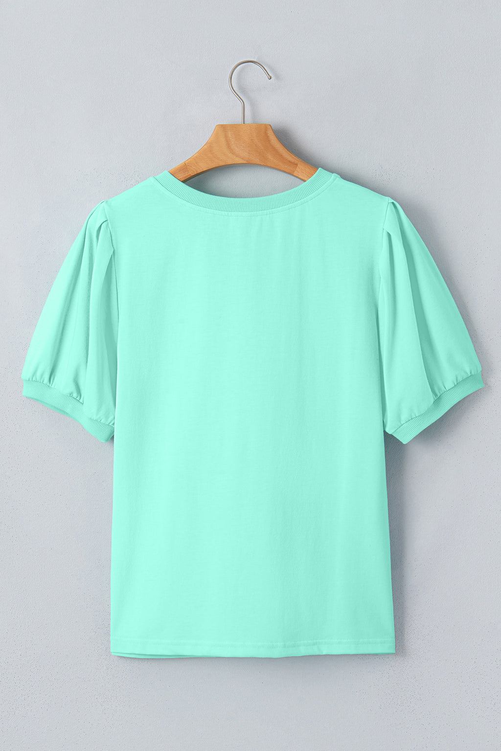 Mint Green Solid Color V Neck Short Puff Sleeve Blouse