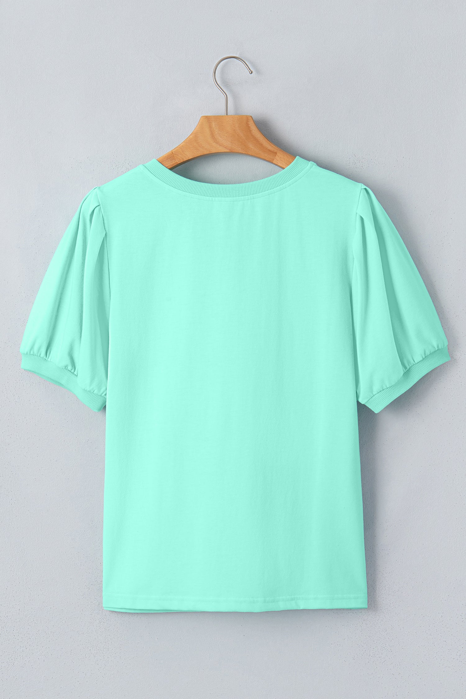 Mint Green Solid Color V Neck Short Puff Sleeve Blouse