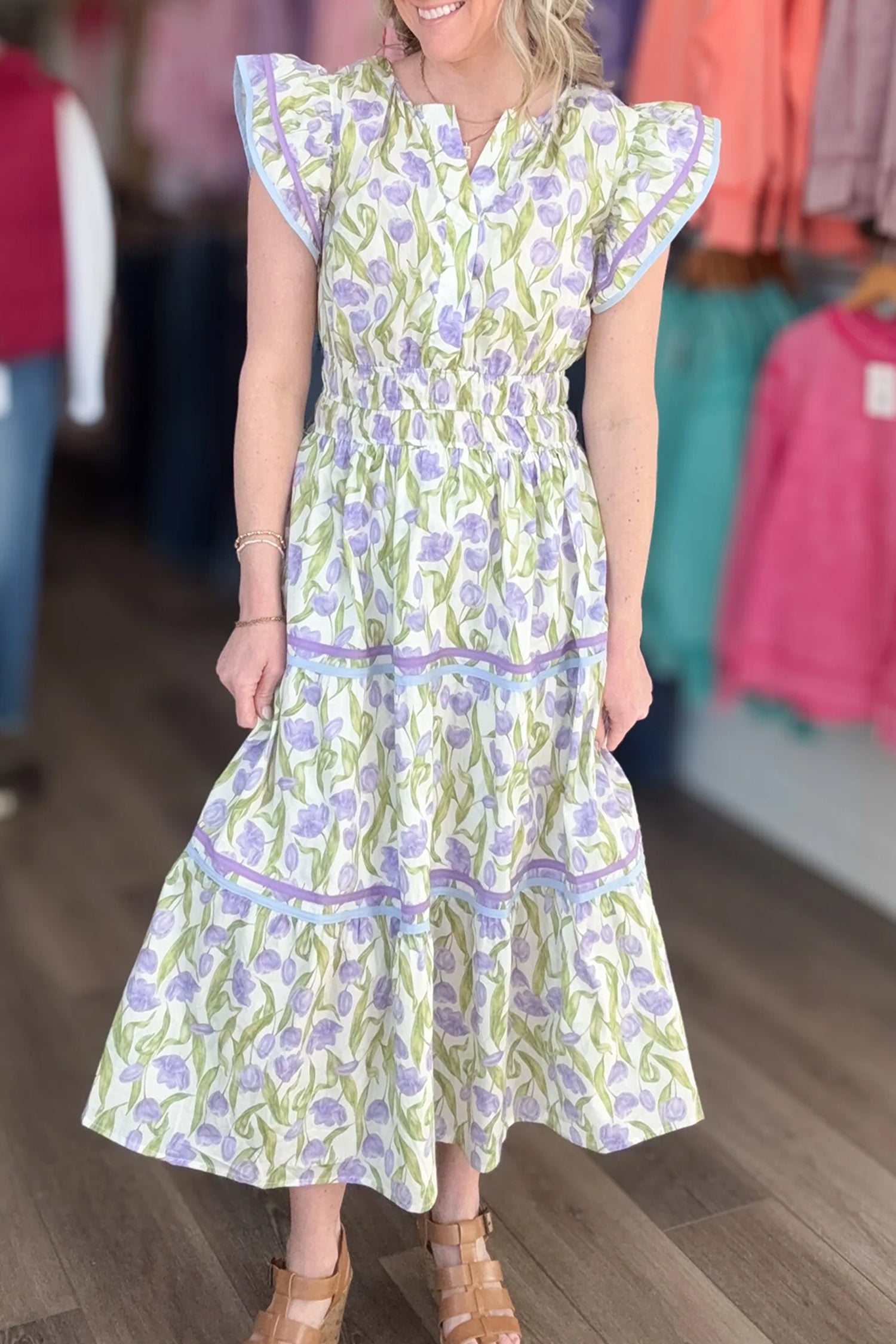 Purple Tulip Floral Print Contrast Trim Midi Dress