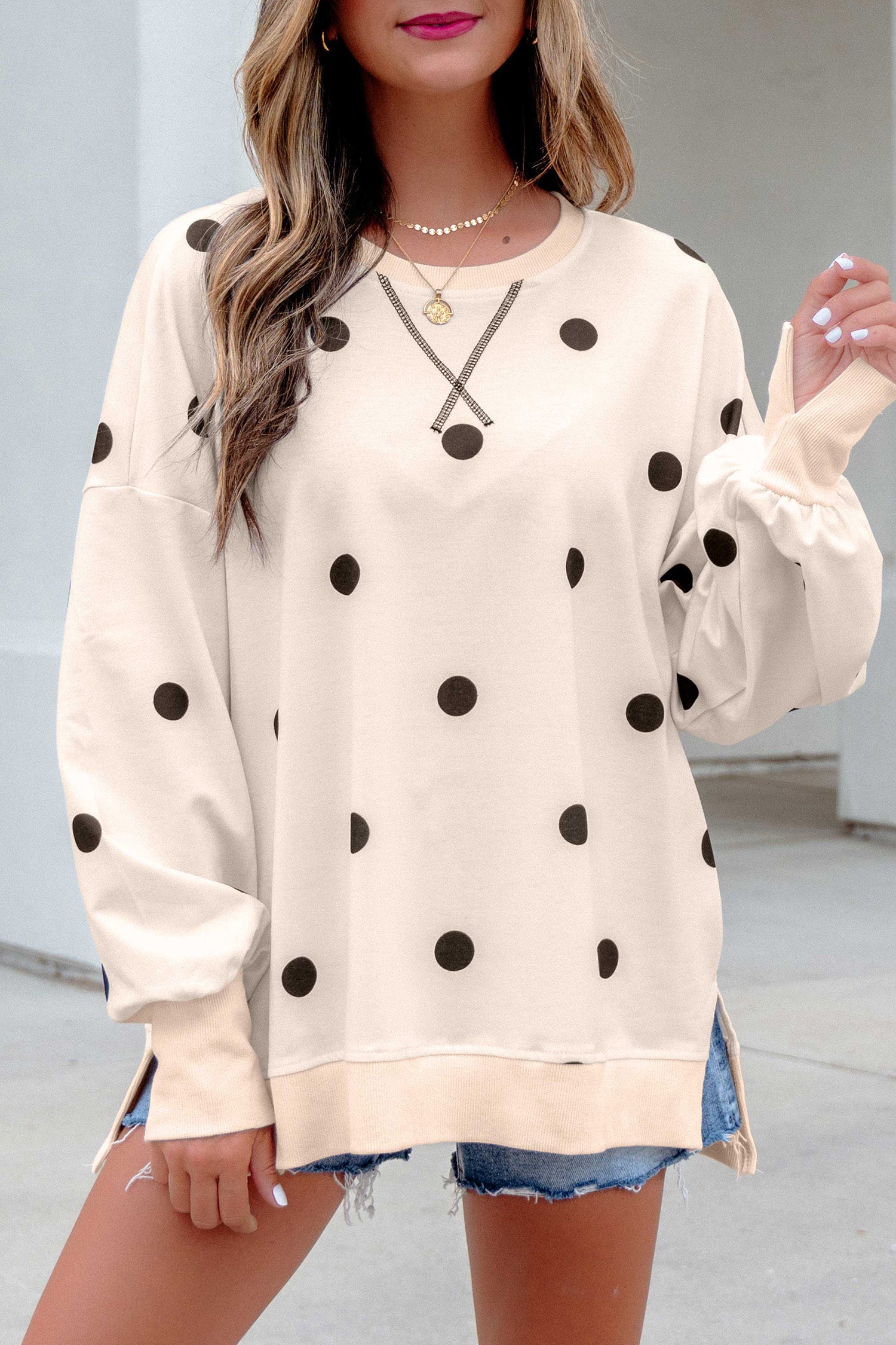 Beige Loose-fit Long Sleeve Round Neck Polka Dot Tunic Sweatshirt