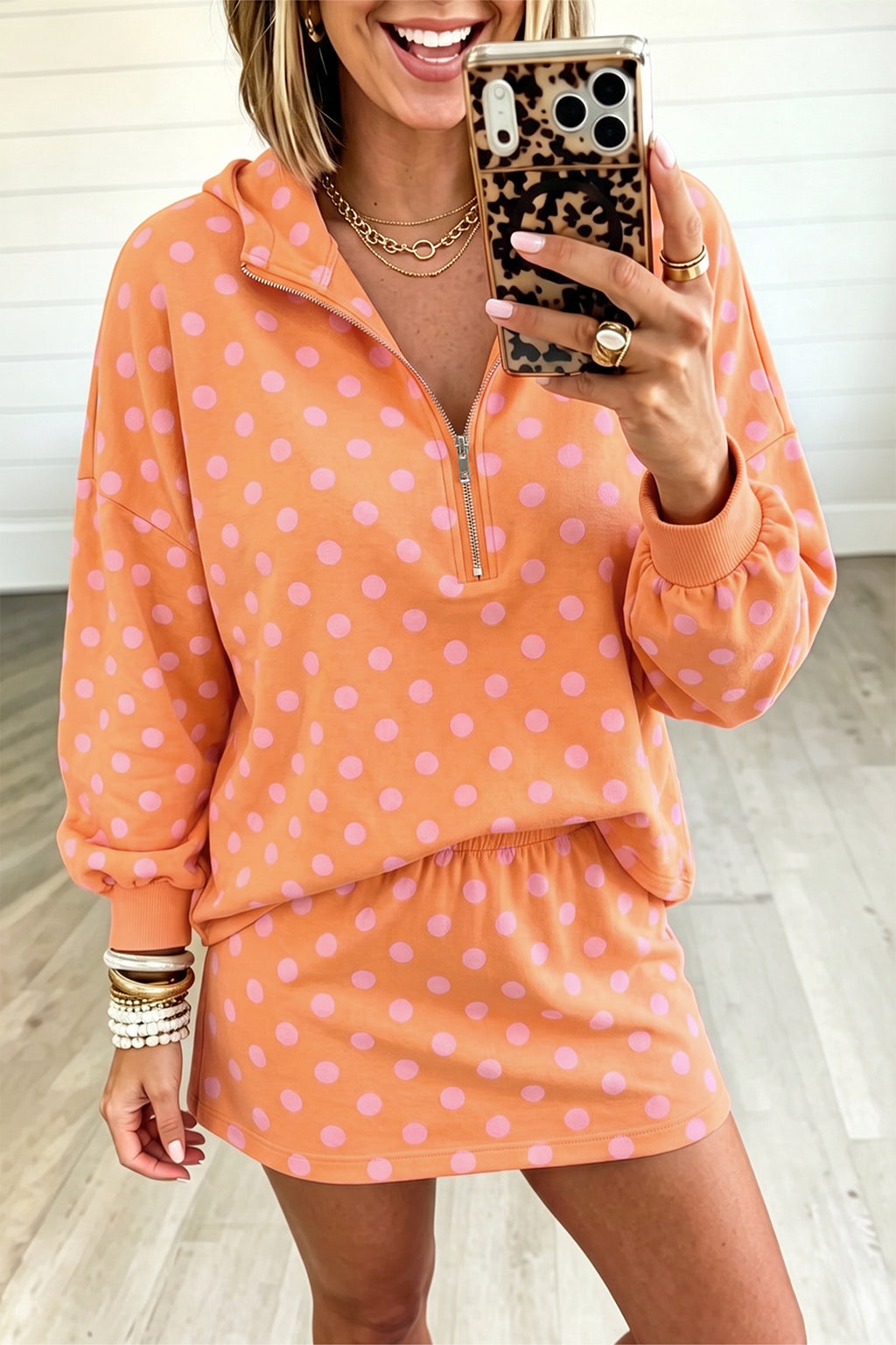 Pink Polka Dot Hooded Long Sleeve Top Casual Mini Skort Set