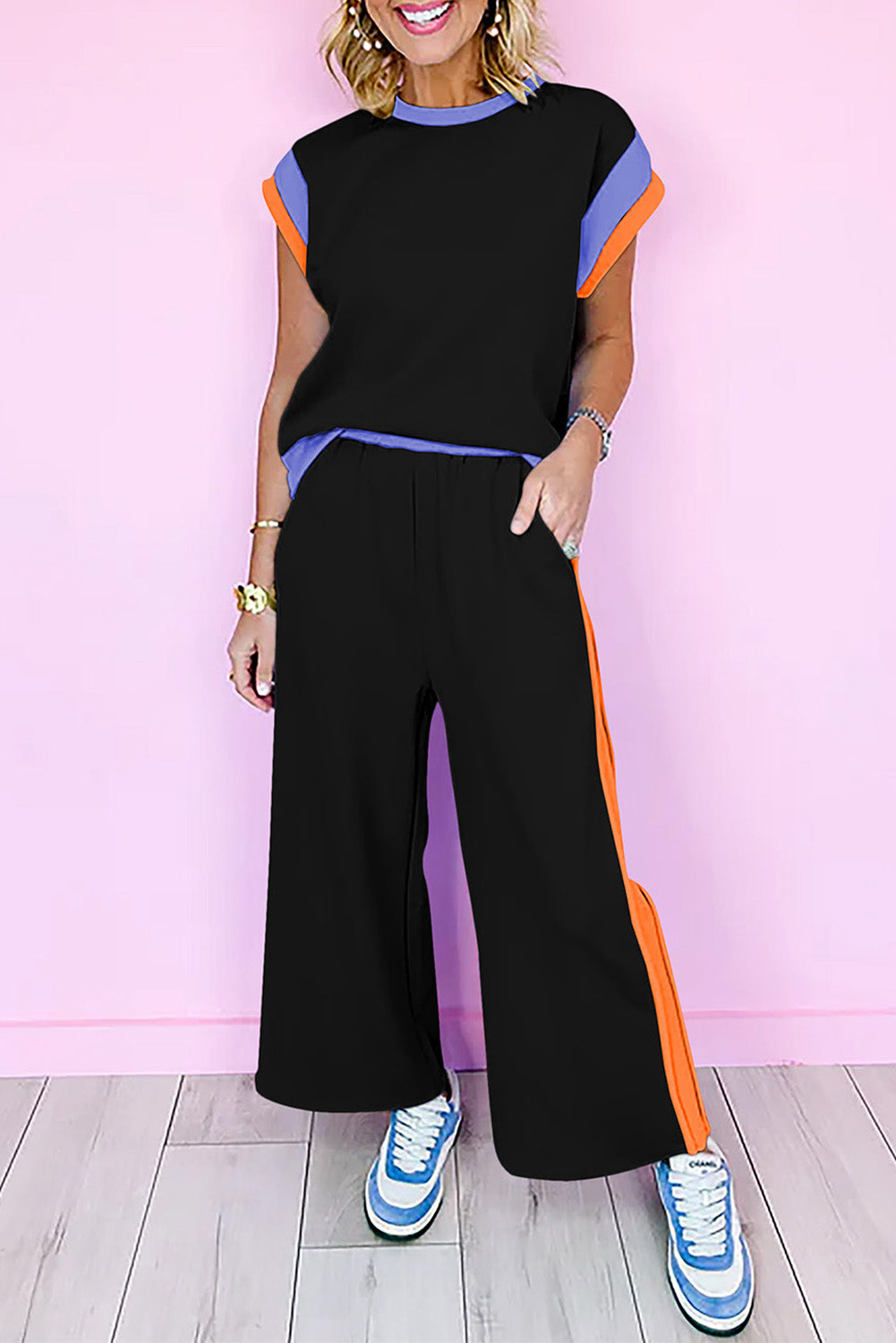 Racing Red Color Block Detail Casual Two-piece Set