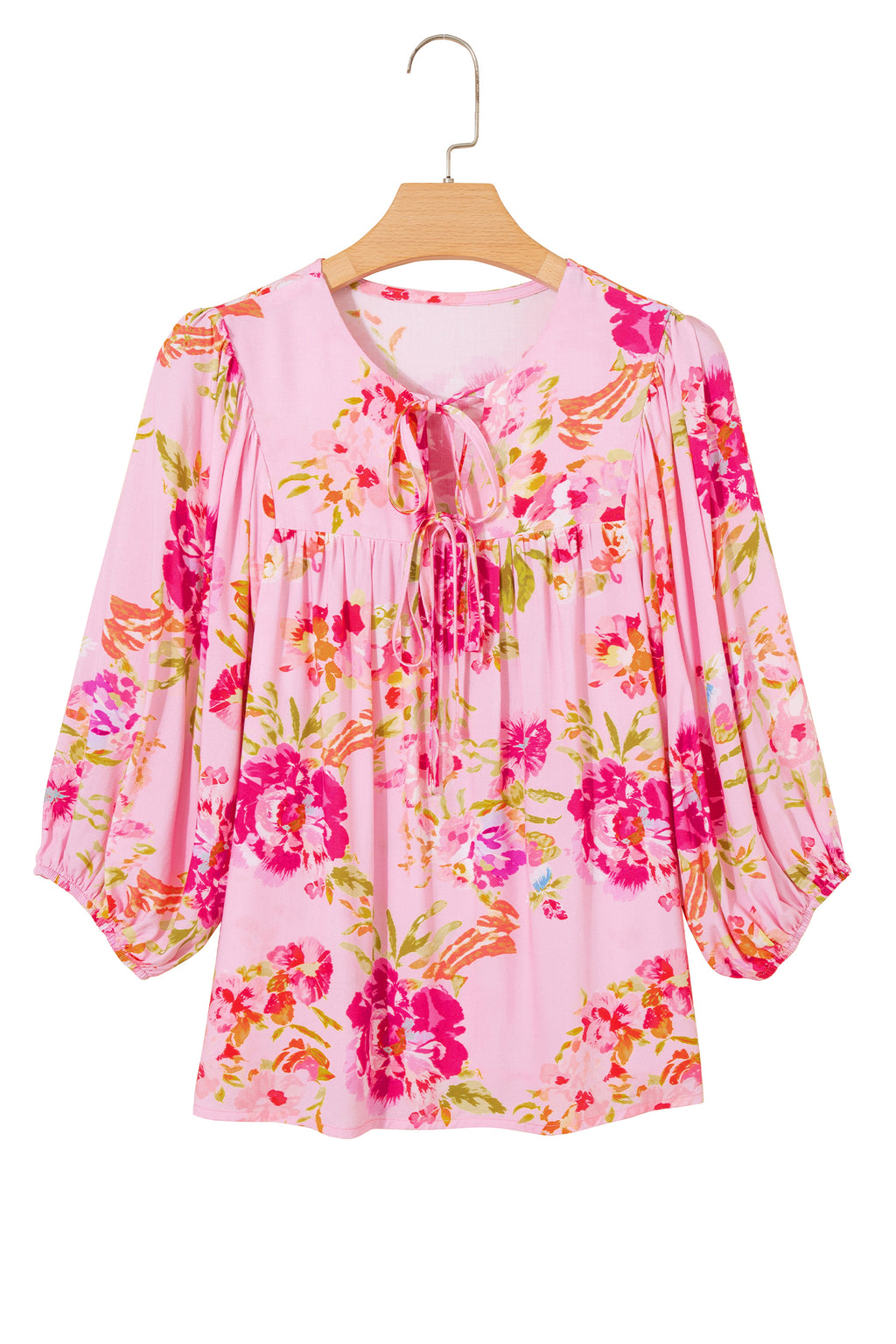 Pink Floral Print Tie Neck Puffy Half Sleeve Blouse