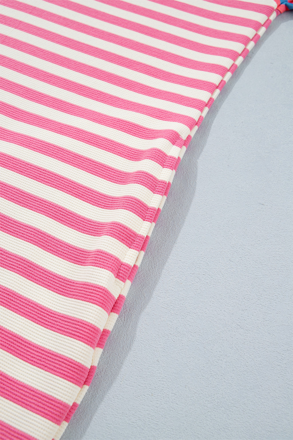 Pink Stripe Contrast Patchwork Short Sleeve T Shirt Shift Dress
