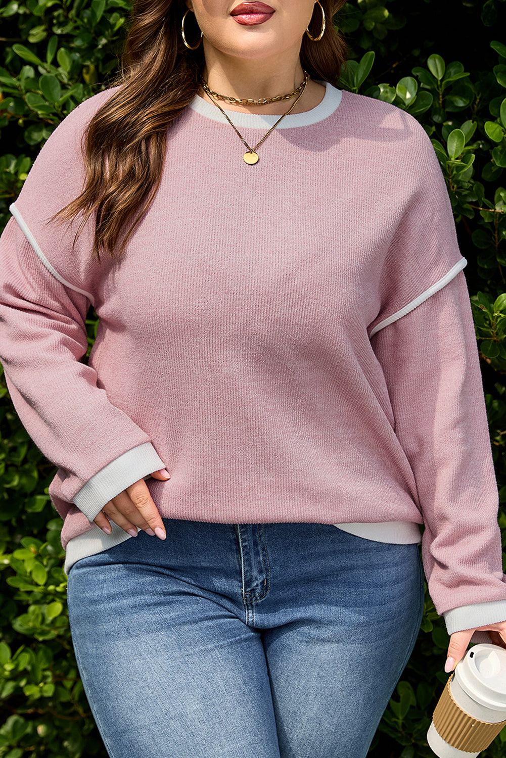 Light Pink Contrast Trim Knitted Drop Shoulder Plus Size Top