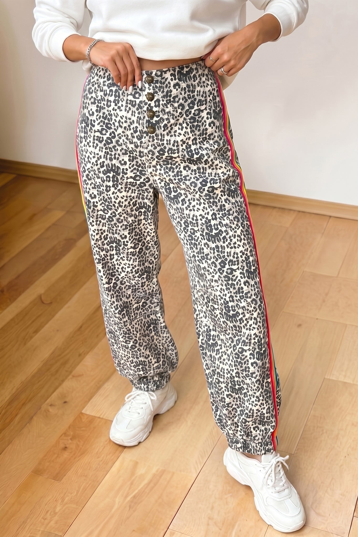 Brown Leopard Print Rainbow Striped Detail Buttoned Loose Jogger Jeans