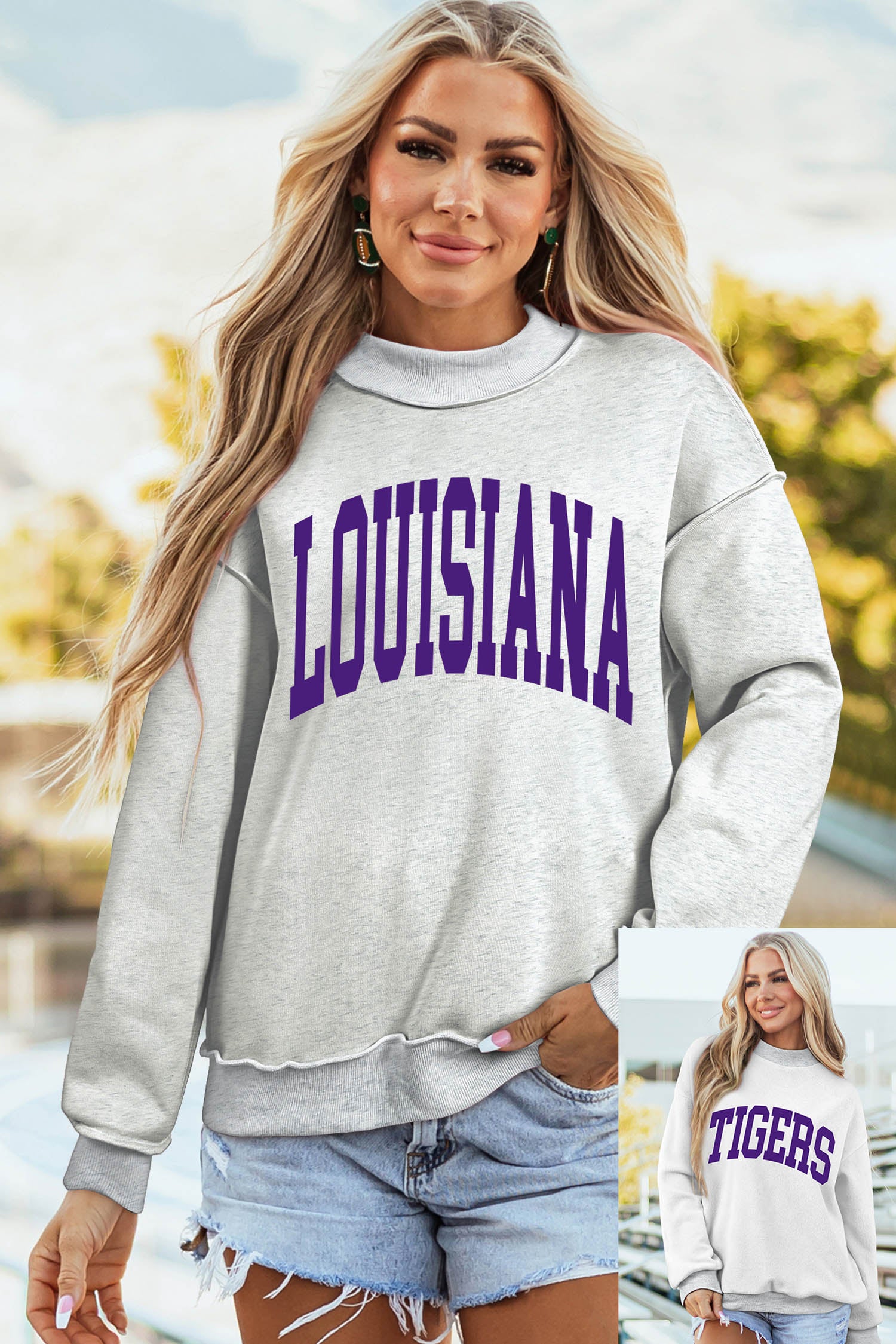 Light Grey LOUISIANA/ TIGERS Double Side Printed High Neck Reversible Sweatshirt