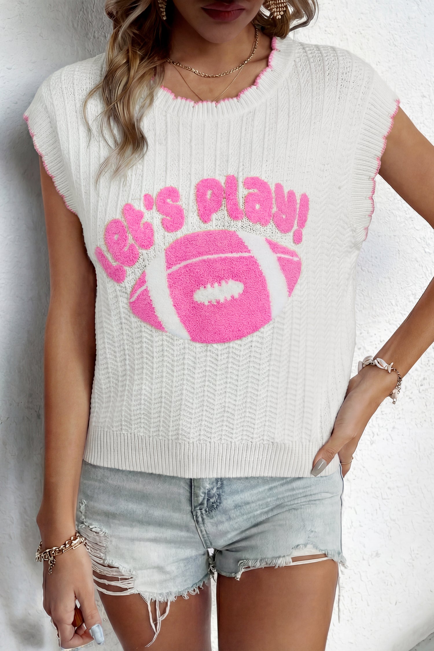 White Lets Play Rugby Pattern Textured Knit Casual Shift Sweater Vest