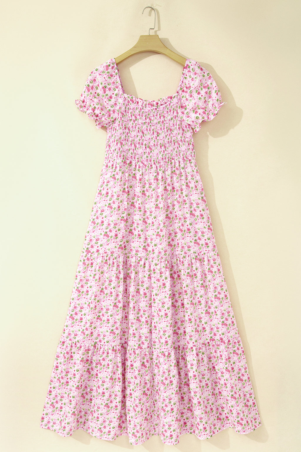 Green Floral Short Bubble Sleeve Shirred High Waist Maxi Dress