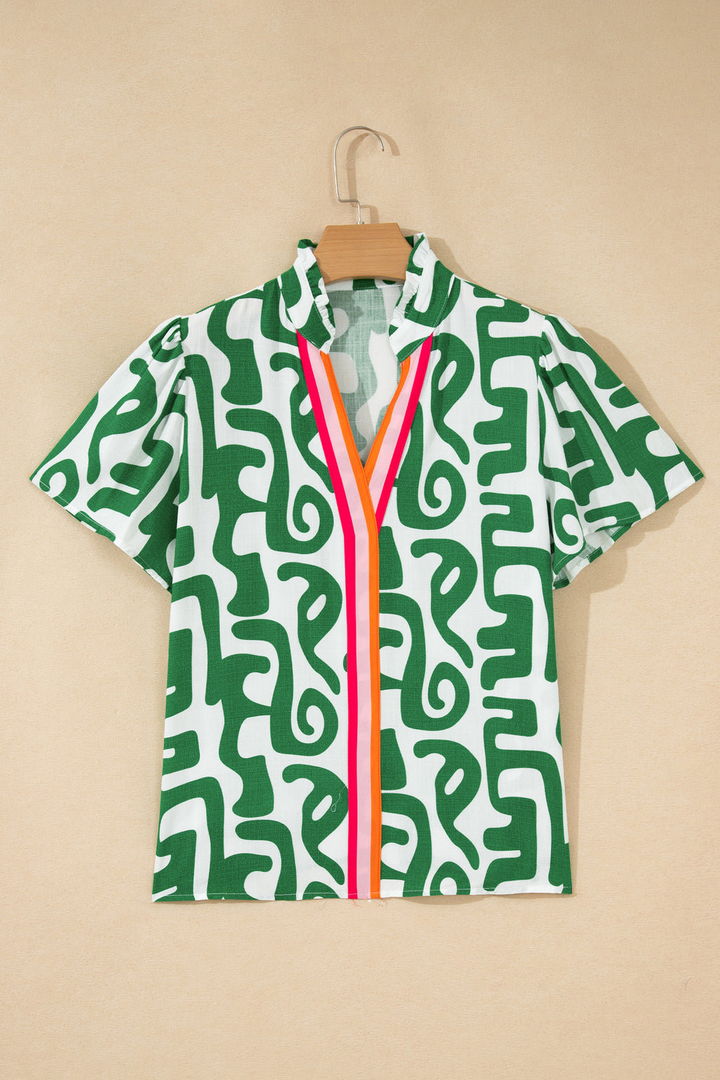 Green Abstract Print Striped Trim V Neck Short Sleeve Blouse