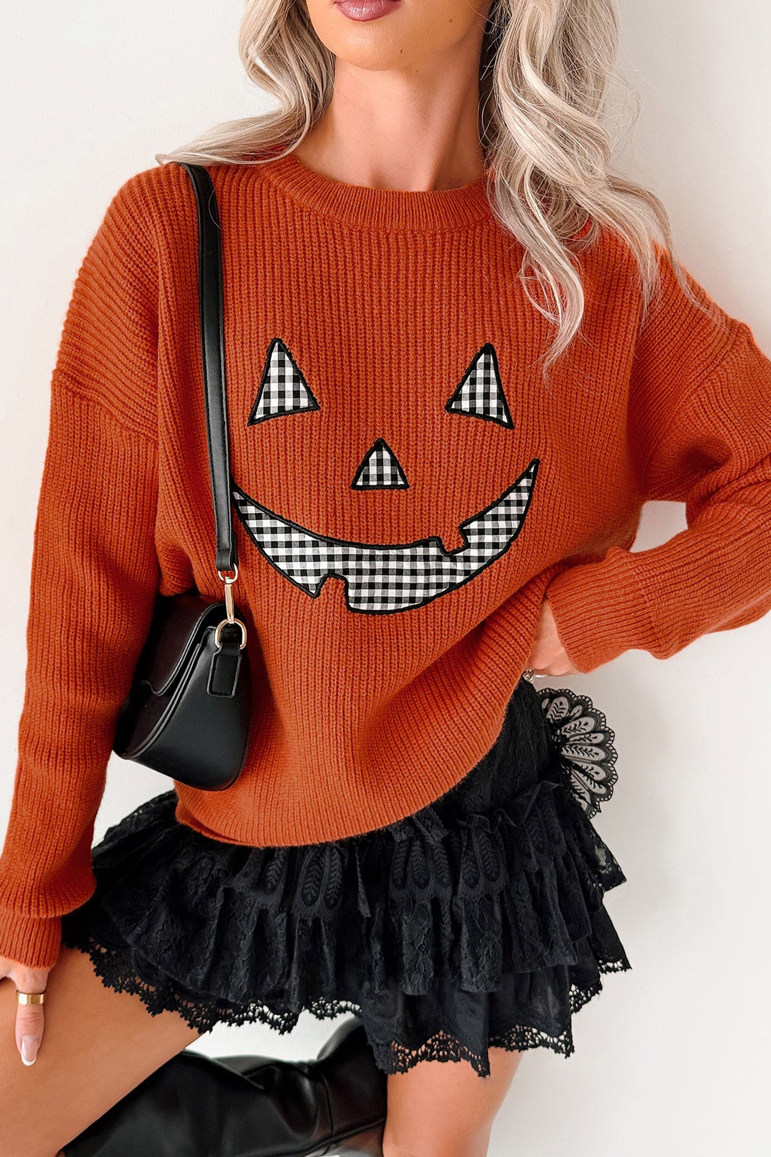 Orange Drop Shoulder Long Sleeve Round Neck Halloween Sweater