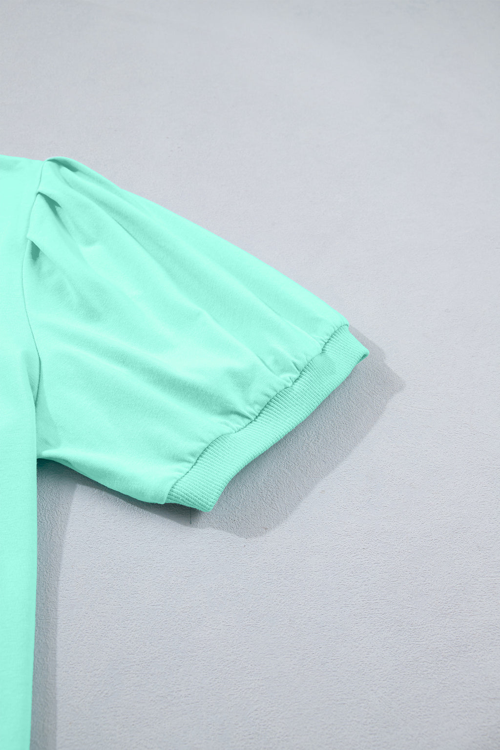Mint Green Solid Color V Neck Short Puff Sleeve Blouse