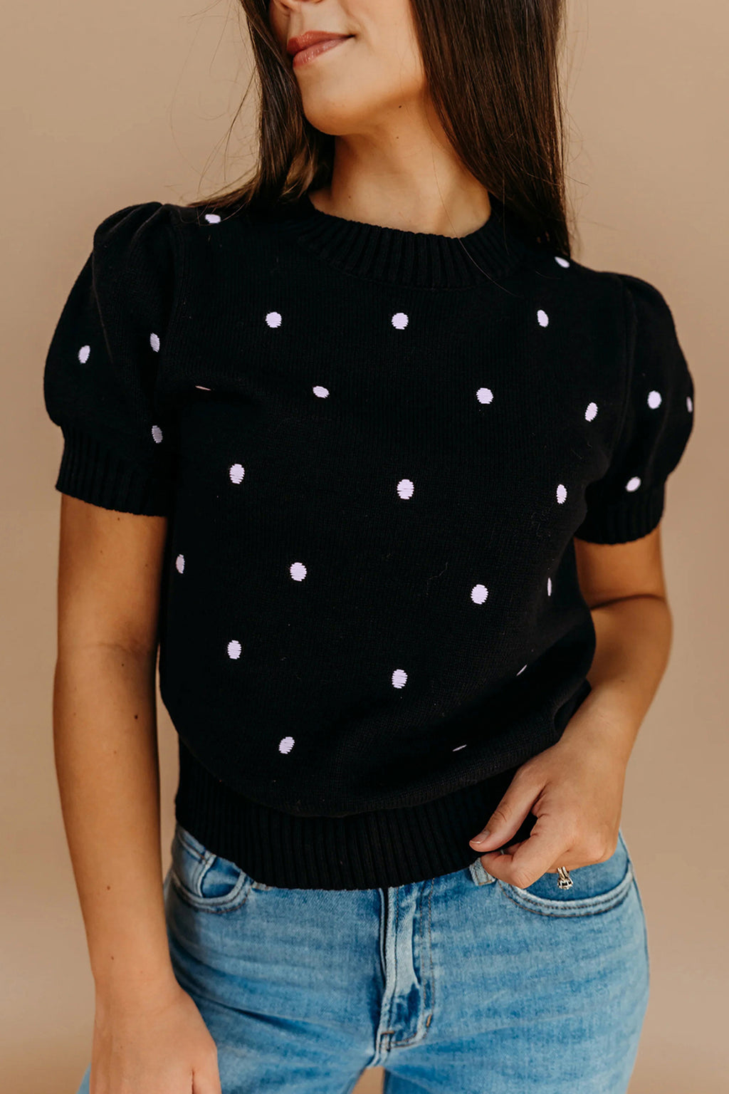 Yellow Cream Elegant Polka Dot Bubble Short Sleeve Sweater