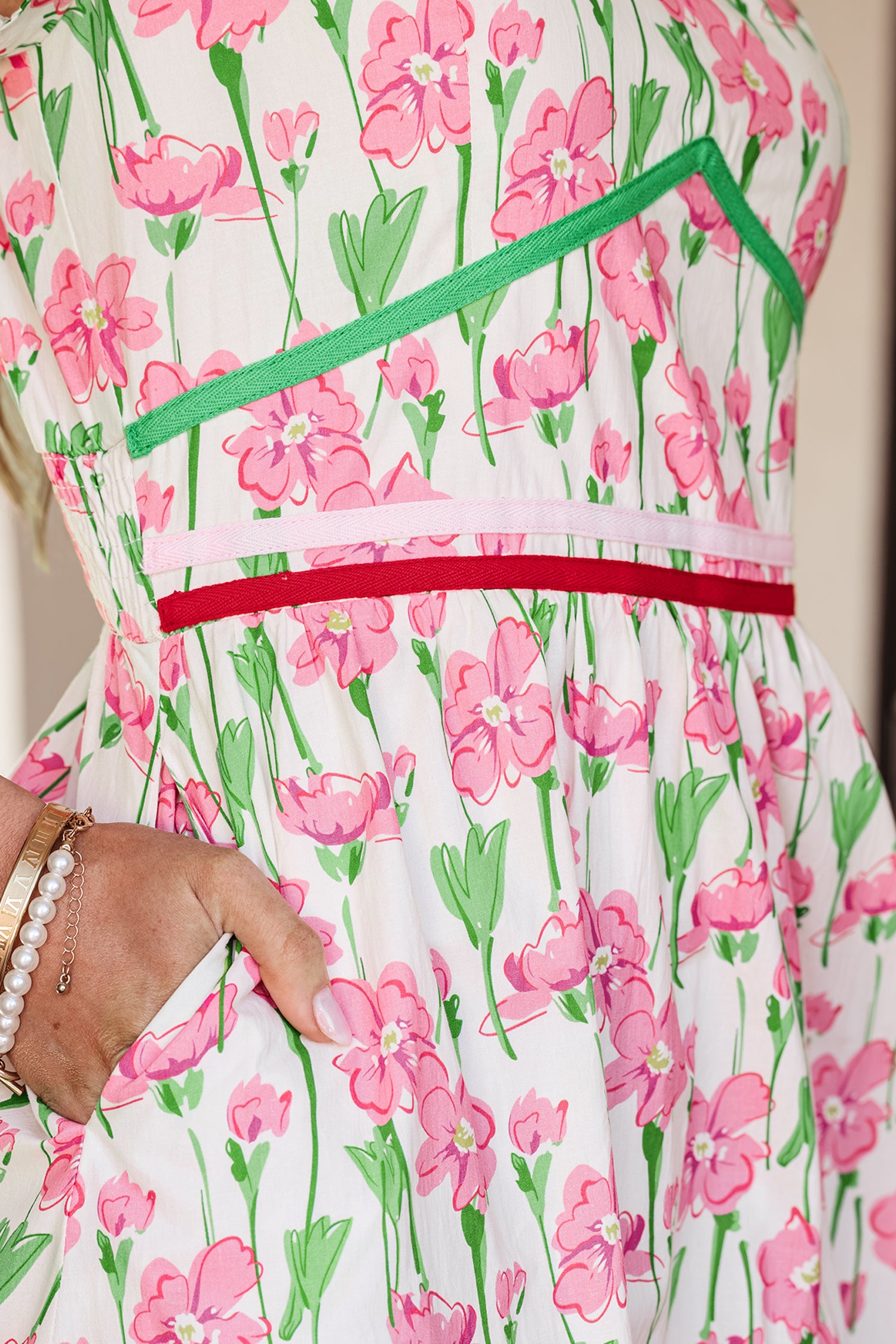 Pink Floral Print V Neck Short Sleeve Elegant Dress