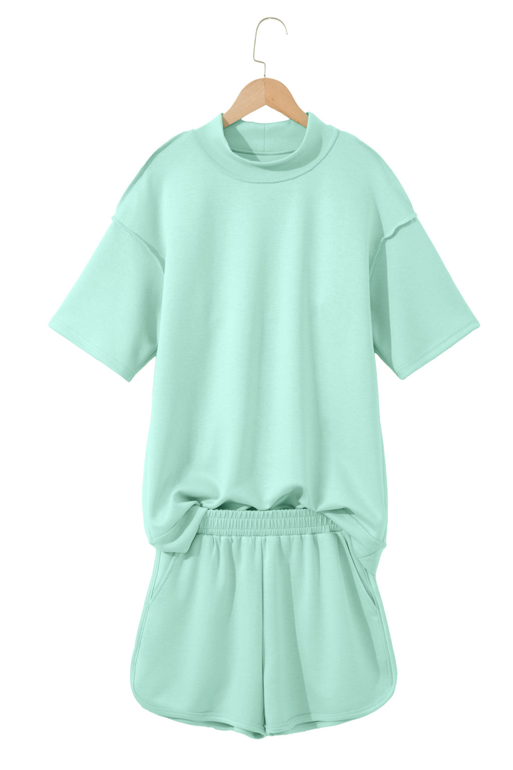 Yellow Cream Solid Color Exposed Seam Mock Neck Oversize Tee Casual Shorts 2pcs Outfit