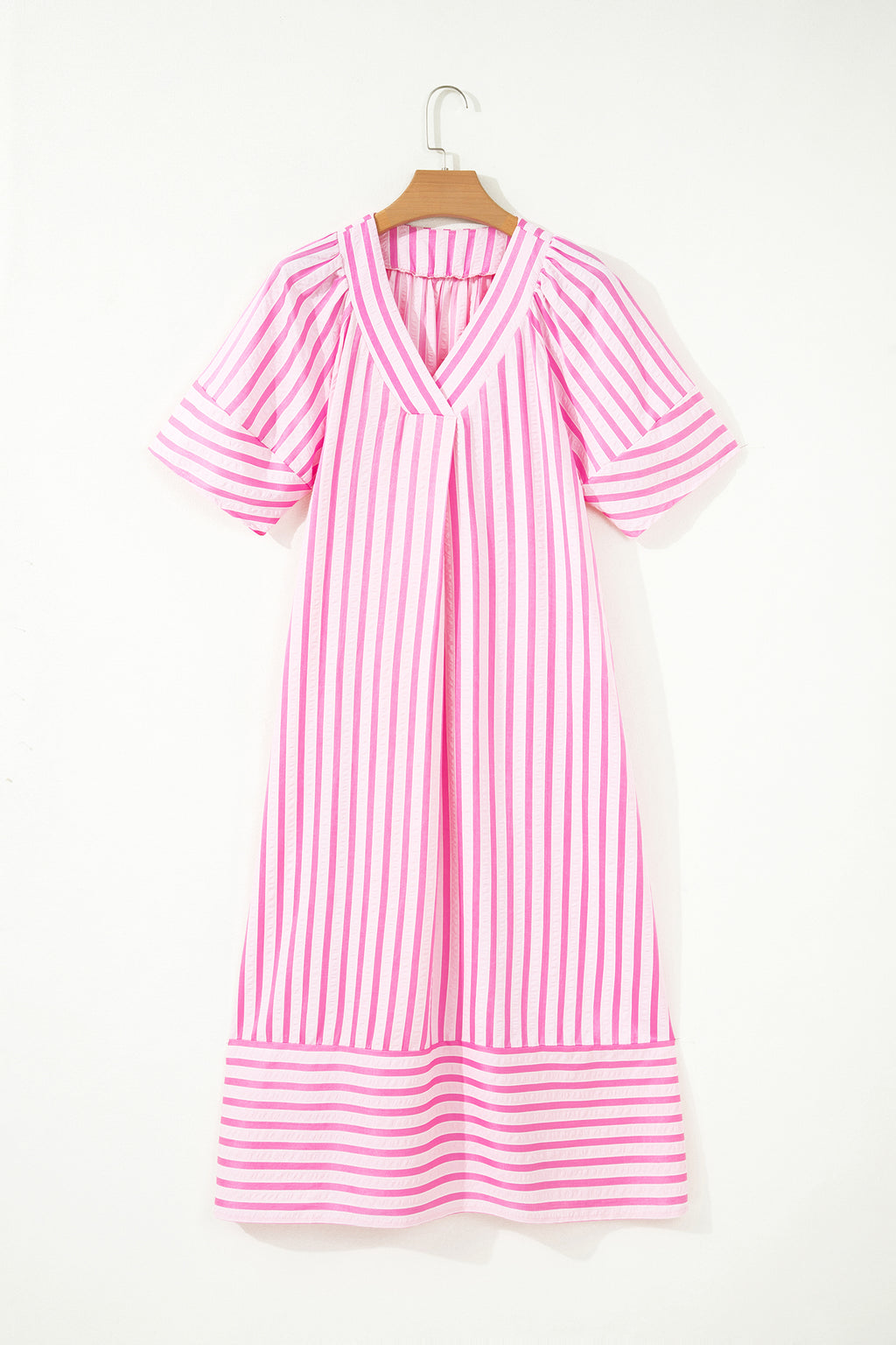 Pink Stripe V Neck Short Sleeve Shift Long Dress