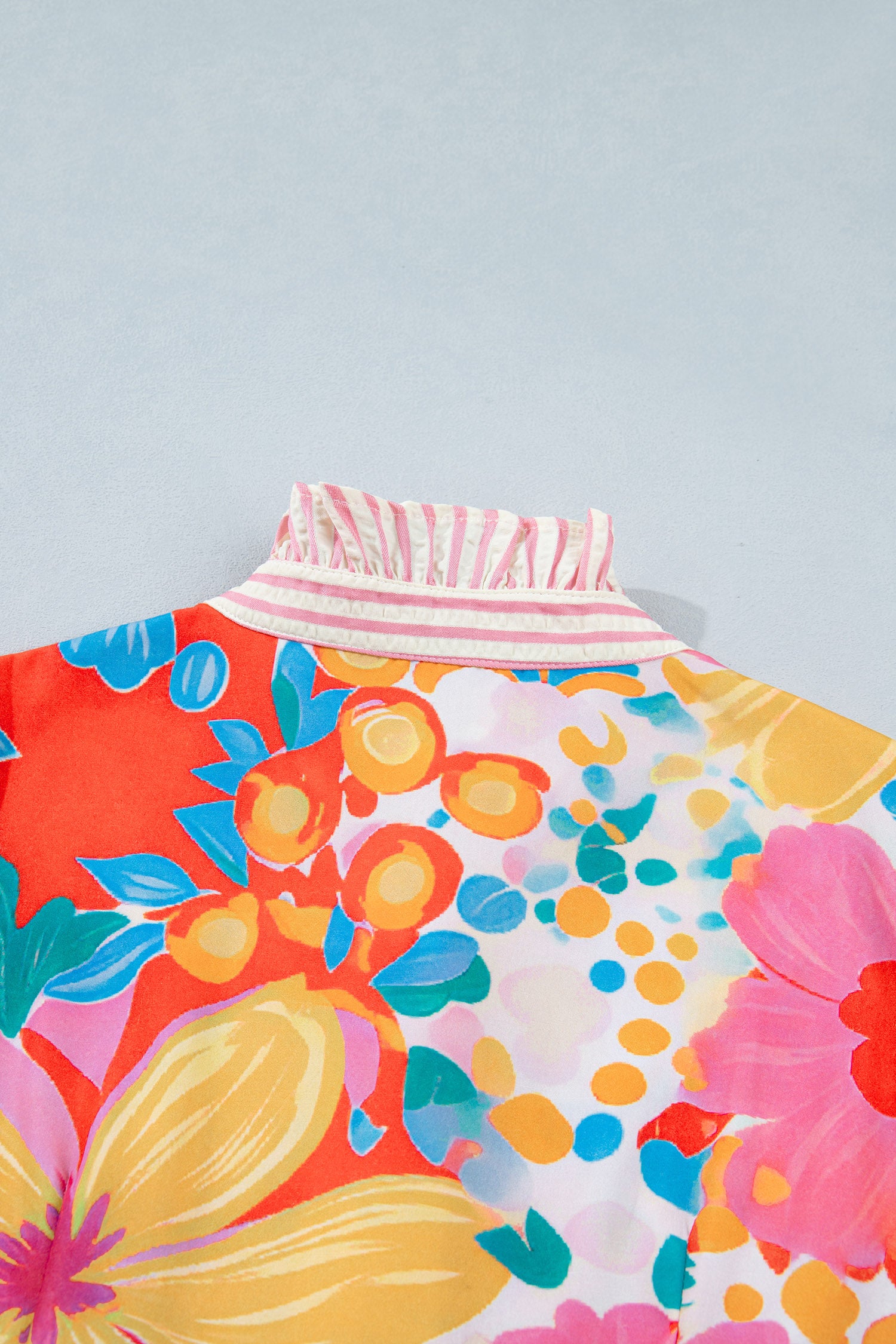 Green Stripe Floral Print Striped Trim Button Down Short Sleeve Vacation Dress