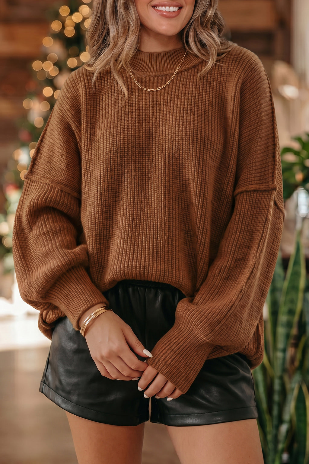Chestnut Long Sleeve Ribbed Knit Stand Neck Regular Fit Pullover Sweater