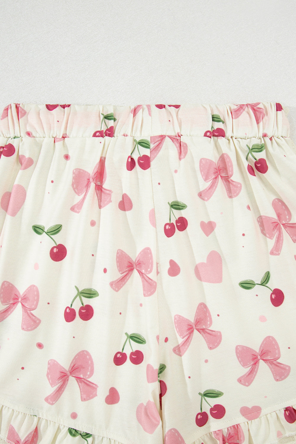 Beige Bow Fruit Print Contrast Pipping Short Pajamas Set