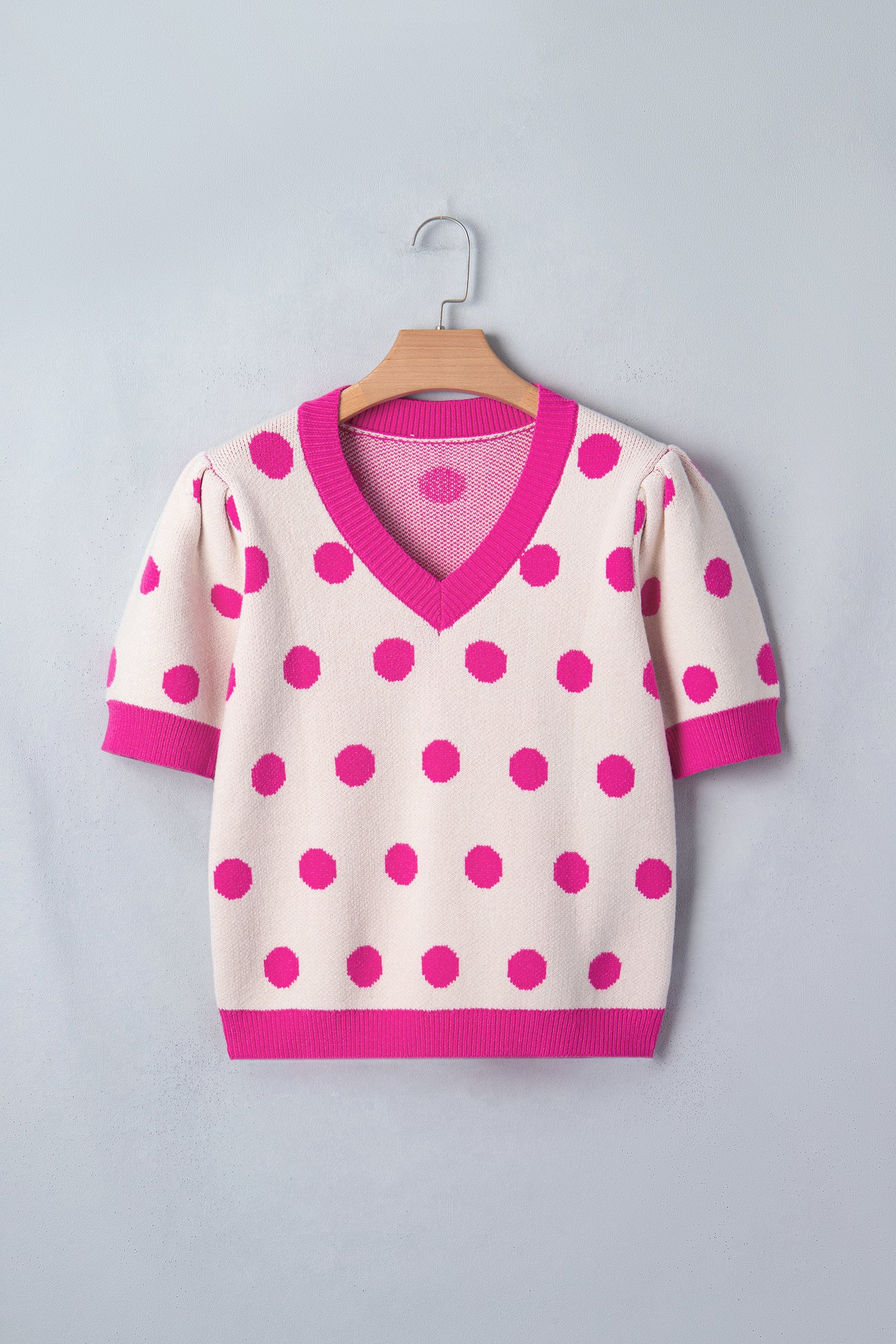 Pink Polka Dot Puff Short Sleeve Sweater Top