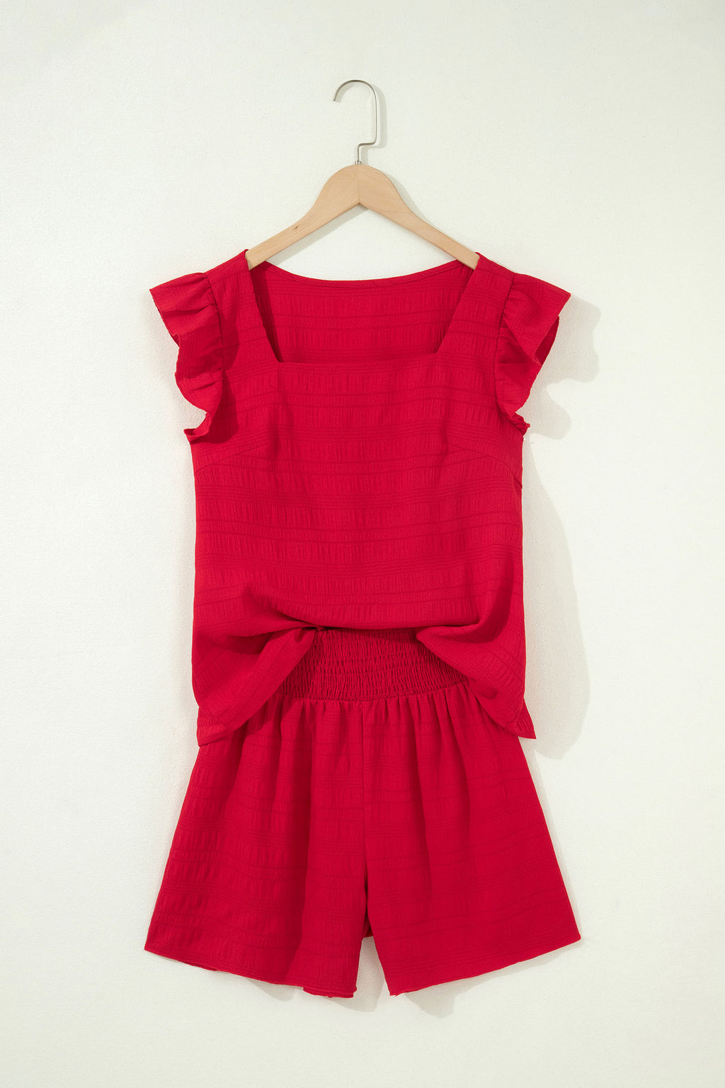Fiery Red Textured Square Neck Top and Shirred High Waist Shorts Set