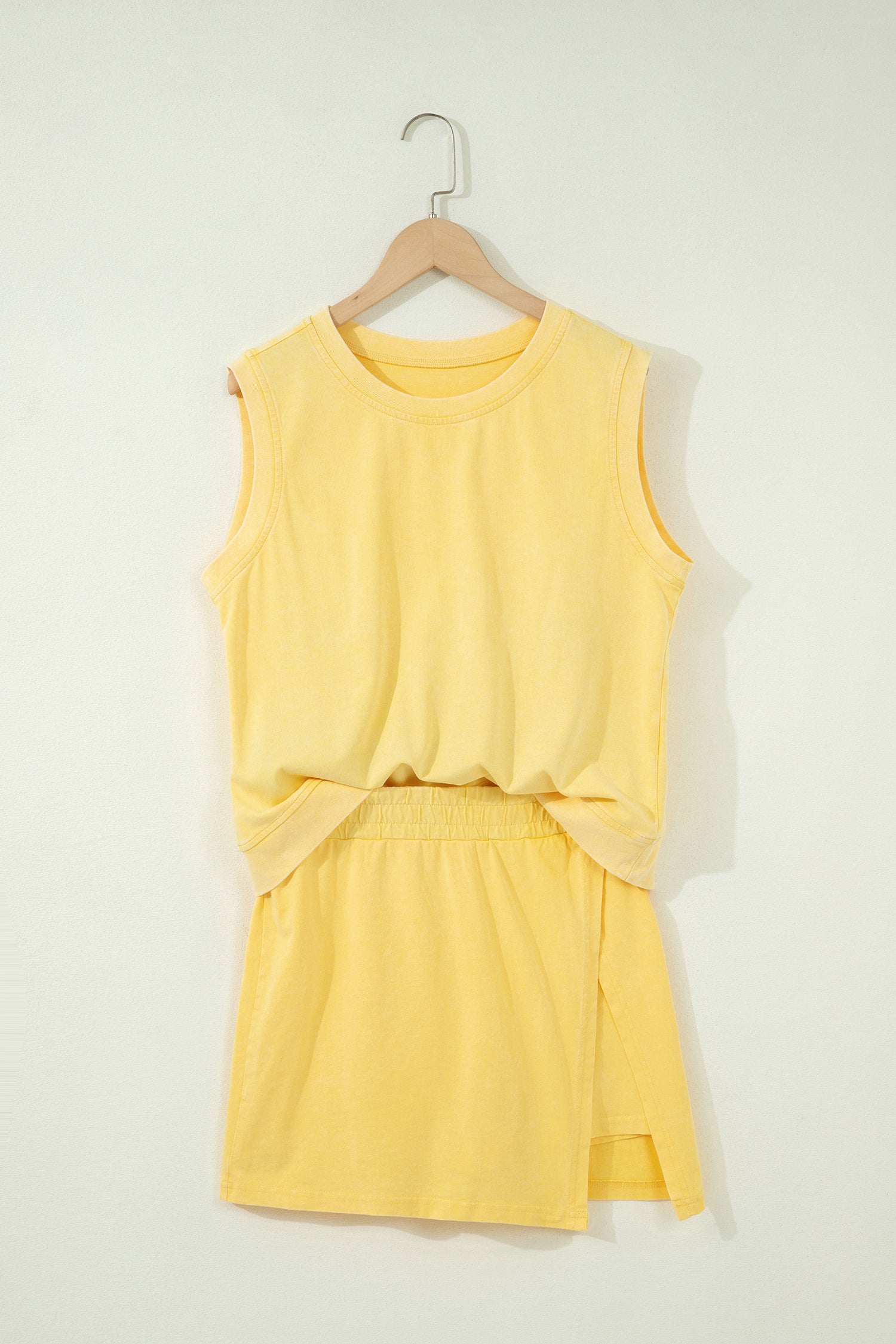 Yellow Cream 2 Pieces Mineral Wash Cotton Tank Top Lined Split Skort Set