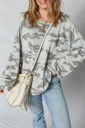 Retro Camouflage Print Exposed Seam Patchwork Drop Shoulder Sweatshirt