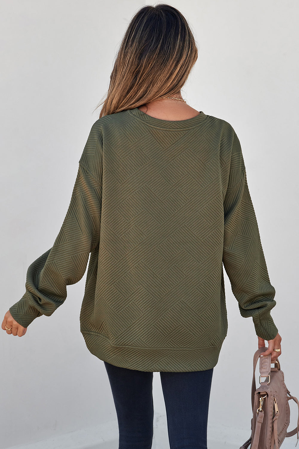 White Solid Color Textured Round Neck Drop Shoulder Pullover Sweatshirt