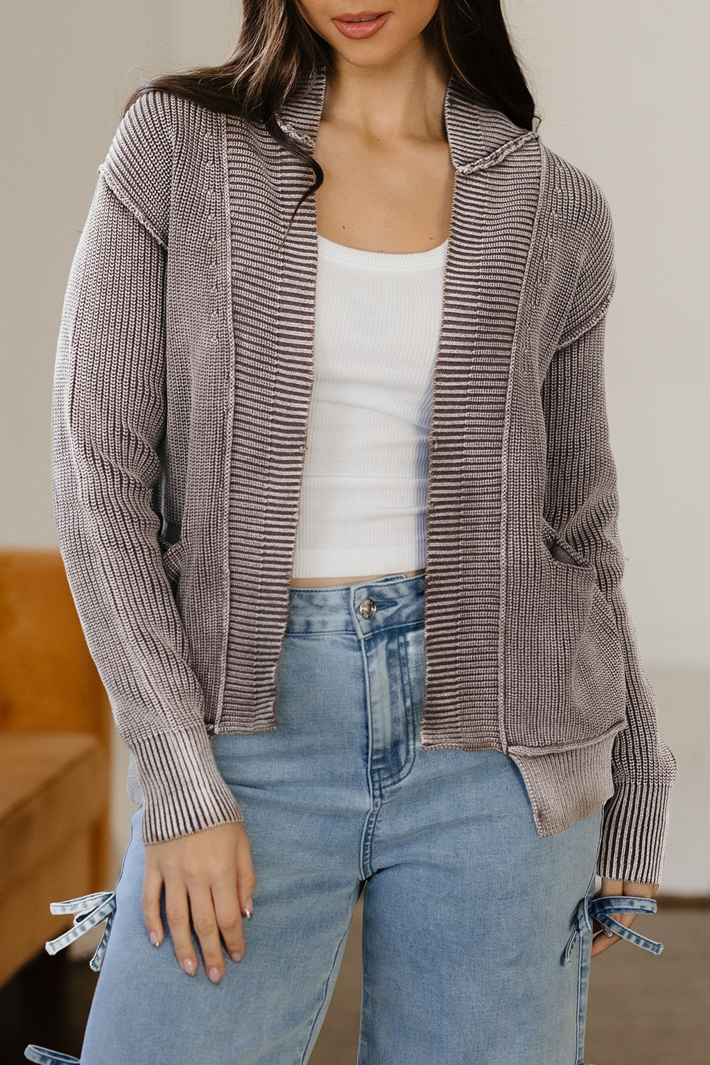 Dark Brown Mineral Wash Exposed Seam Patchwork Knit Open Sweater Cardigan